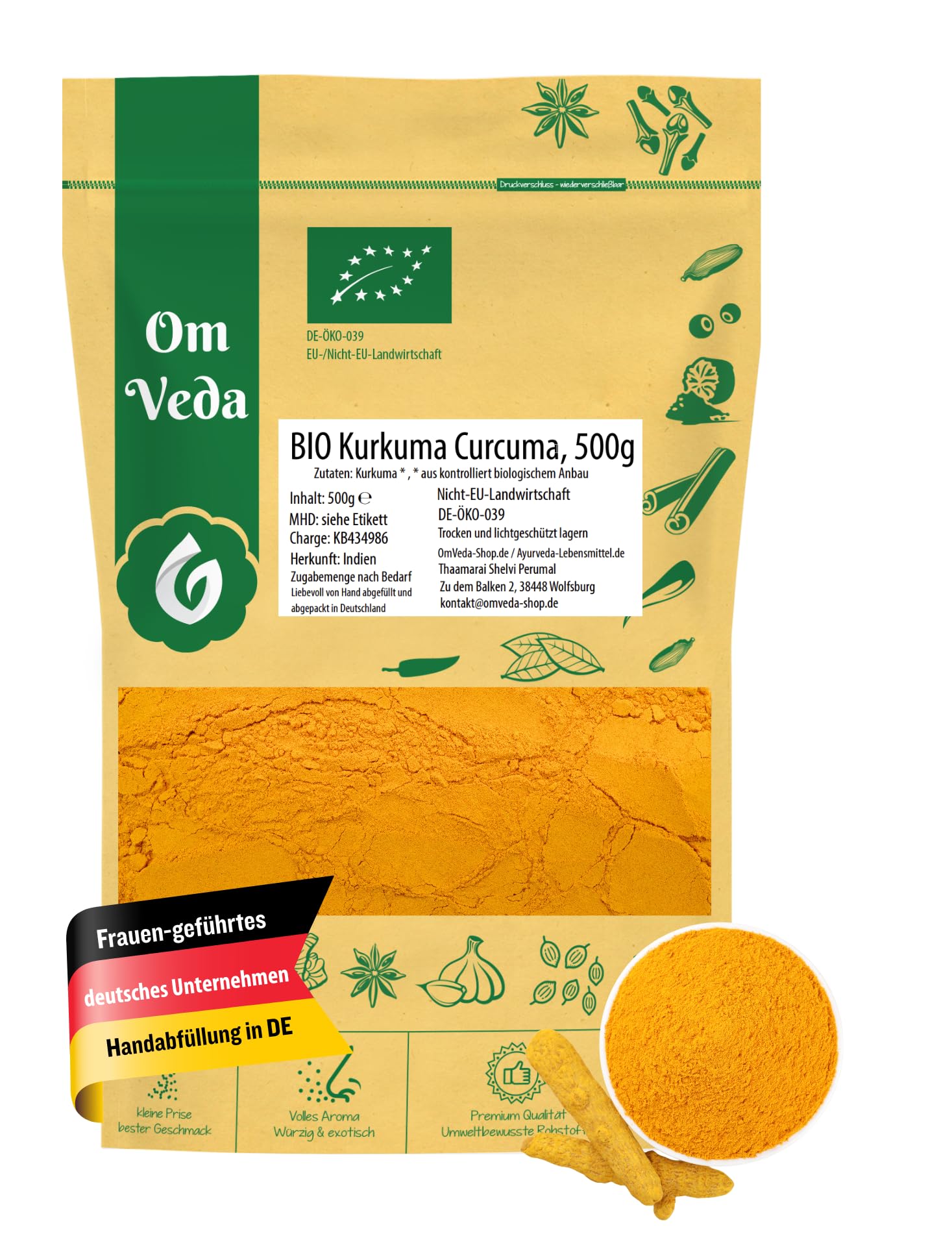 Kurkuma Pulver BIO 500g | Curcuma Kurkumawurzel gemahlen | Gewürzpulver Gelbwurz Turmeric Powder | Herkunft Indien | Organic Bio-zertifiziert DE-ÖKO-039