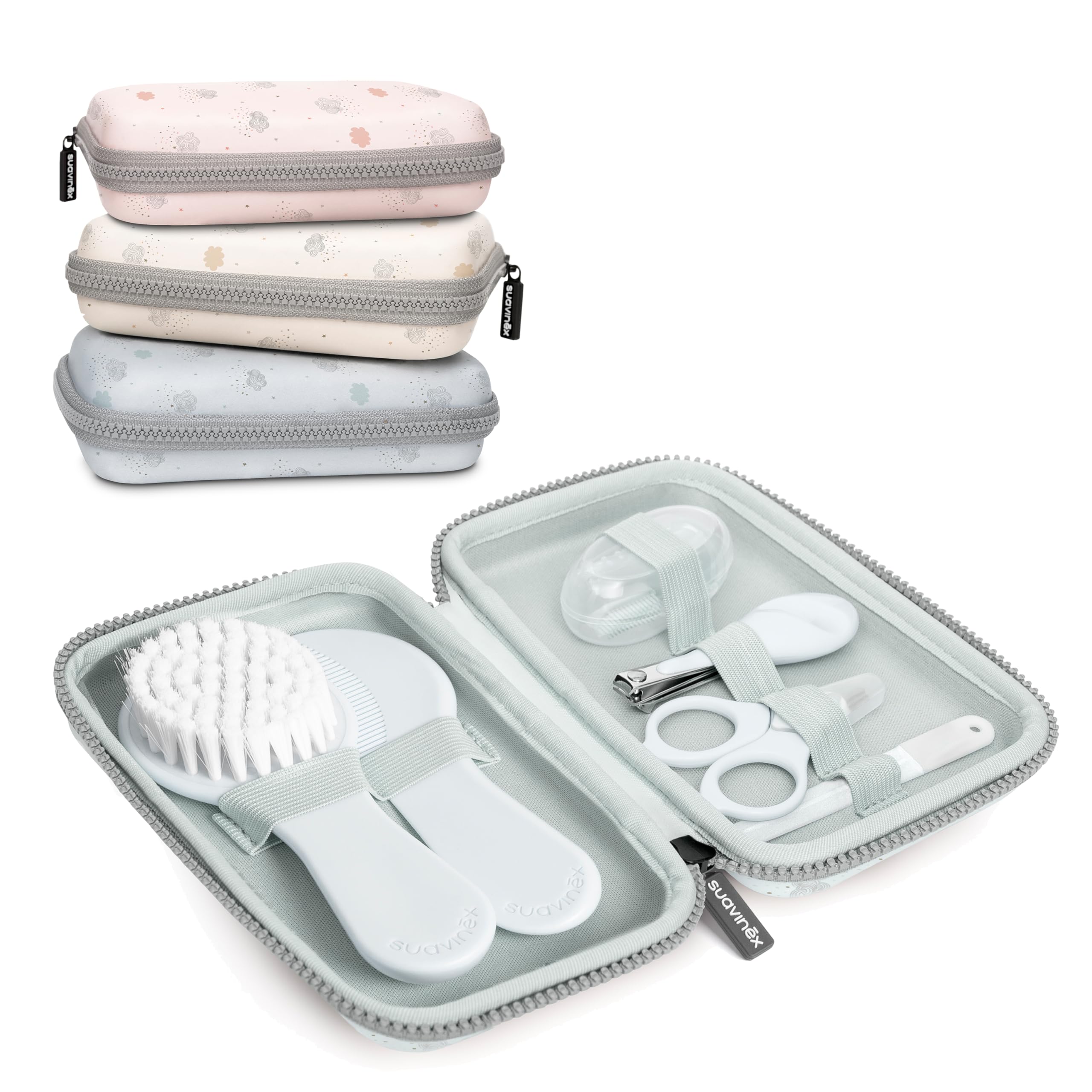 Suavinex, Neceser Set Manicura para Bebés, +0M, Kit Cuidado del Bebé con Cepillo, Peine, Cepillo Dental, Tijeritas, Lima y Cortaúñas. Neceser Impermeable con Cremallera, Verde