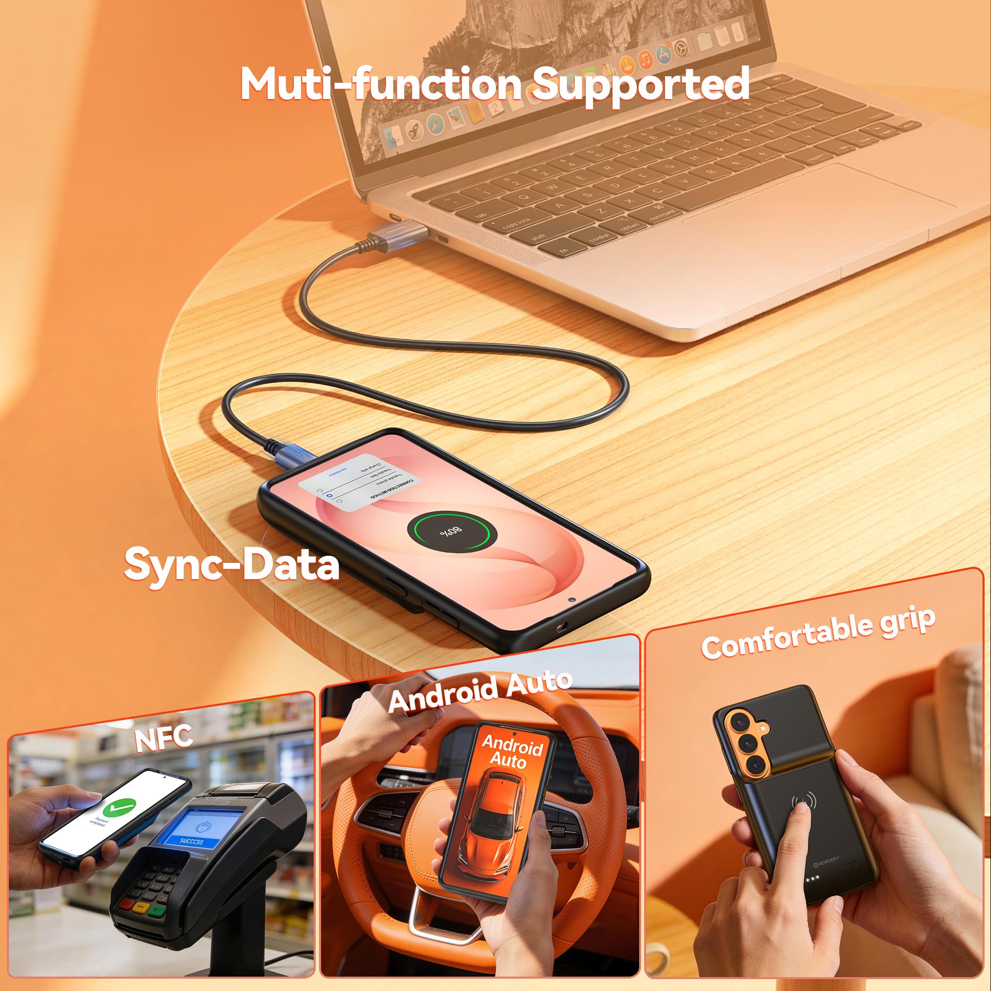 NEWDERY Akku hülle für Samsung Galaxy S26 6,3", tragbare Handyhülle mit Powerbank, kabelloses Qi-Ladegerät und USB-C-Schnellladung Battery Case