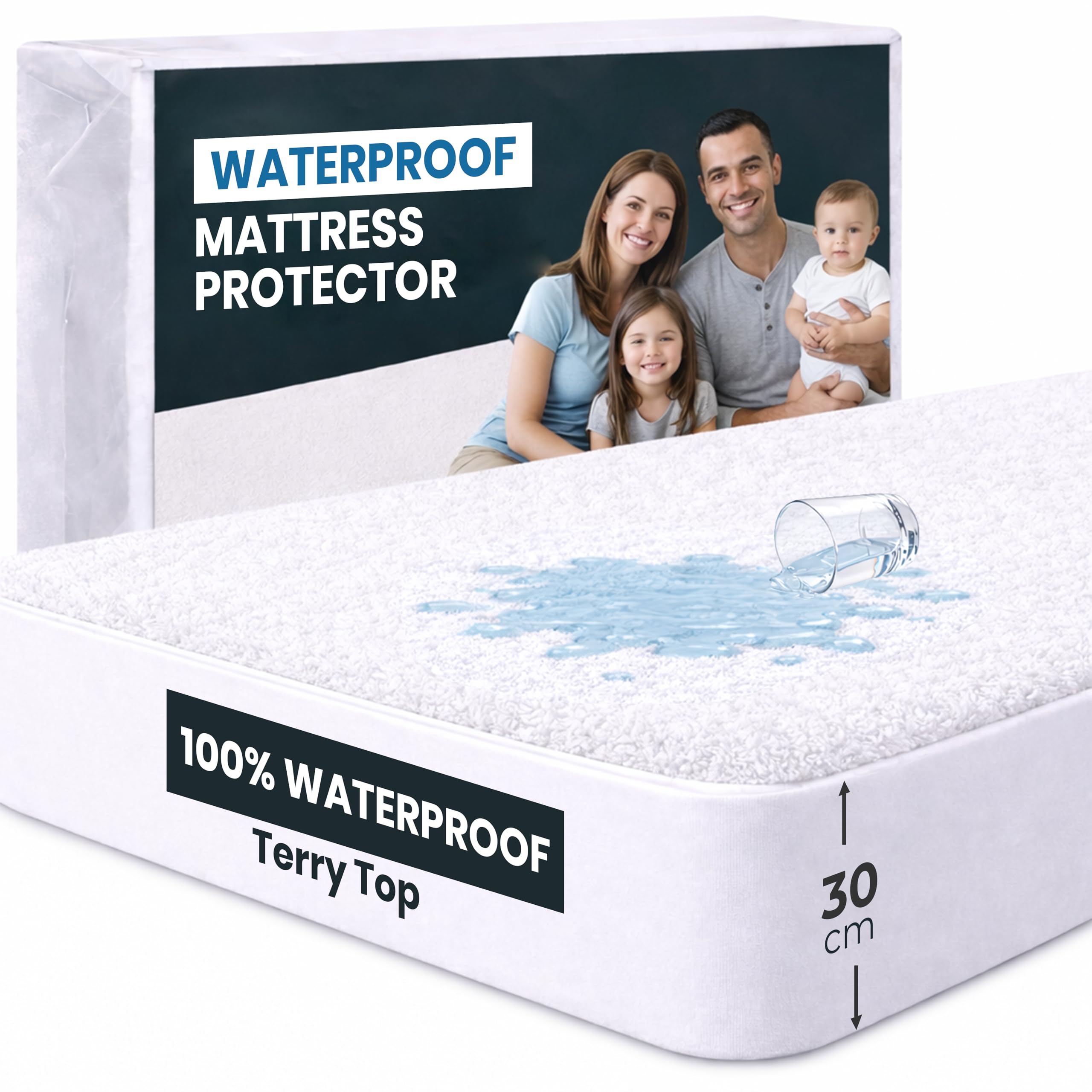 Rohi White Terry Waterproof Mattress Protector Single Bed (90X190cm) | 30Cm Deep Fit Mattress Cover | Soft, Anti-Allergy & Breathable Terry Toweling Mattress Protector | Noiseless Waterproof Bed Protector
