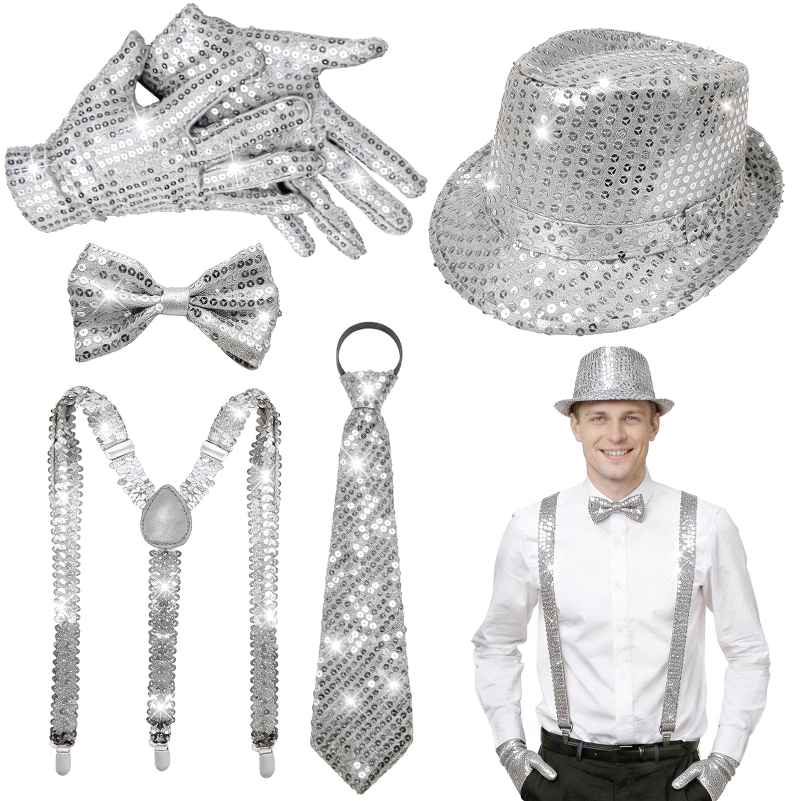ELECLAND 6 Pieces 1970s Men Disco Accessories Set for Party Halloween Cosplay Hat Bow Tie Gloves Necktie Suspenders (Sliver)