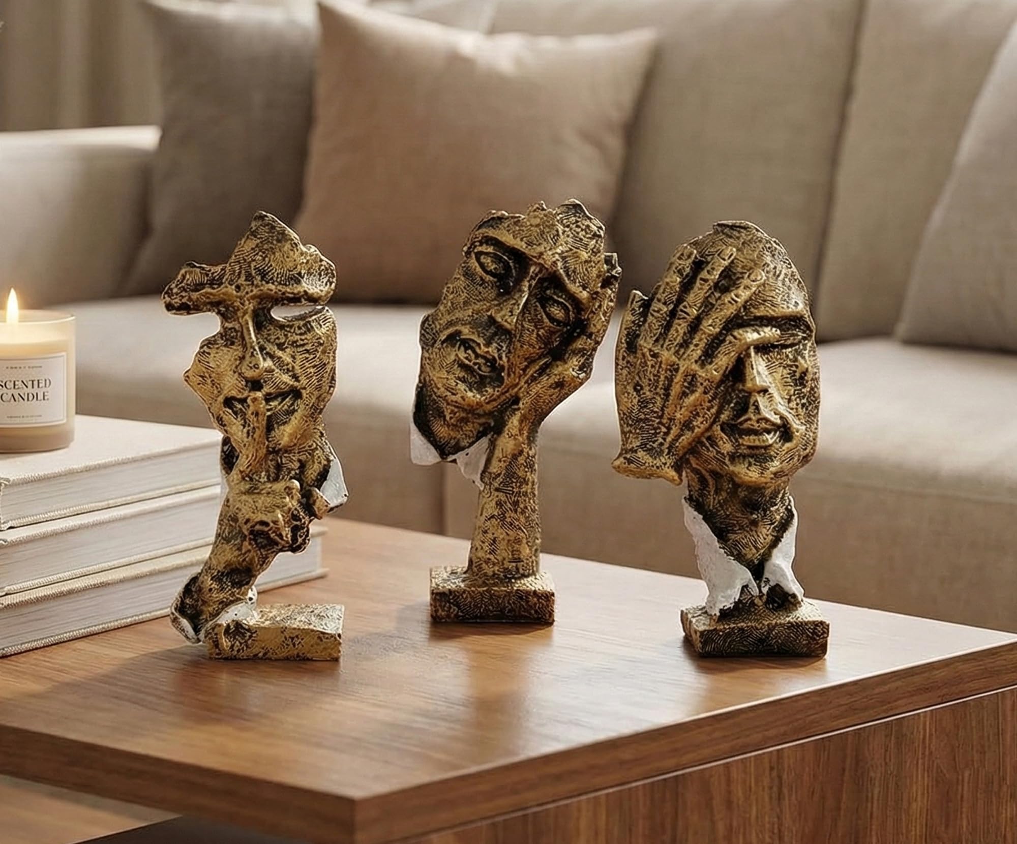eSplanade Sculptures Zen Visages Humains (Lot de 3) - "Ne Voir, Entendre, dire Aucun Mal | Pièces de déclaration | Décoration d'intérieur en Résine 16,5 cm - Doré.