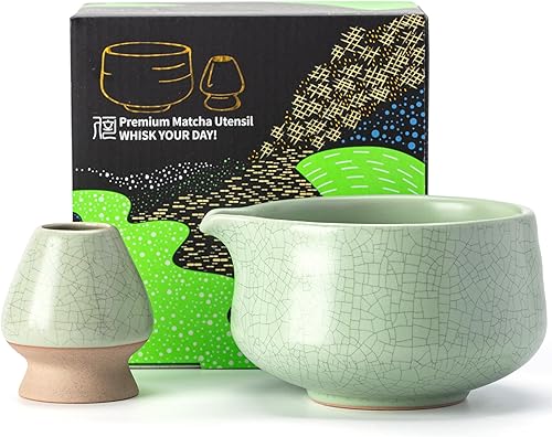 Miniatura 14 de TEANAGOO - Juego de tazón de té Matcha con asa, juego de tazón de cerámica Matcha y soporte para batidor, tazón de té verde, 2 piezas Macha Chawan