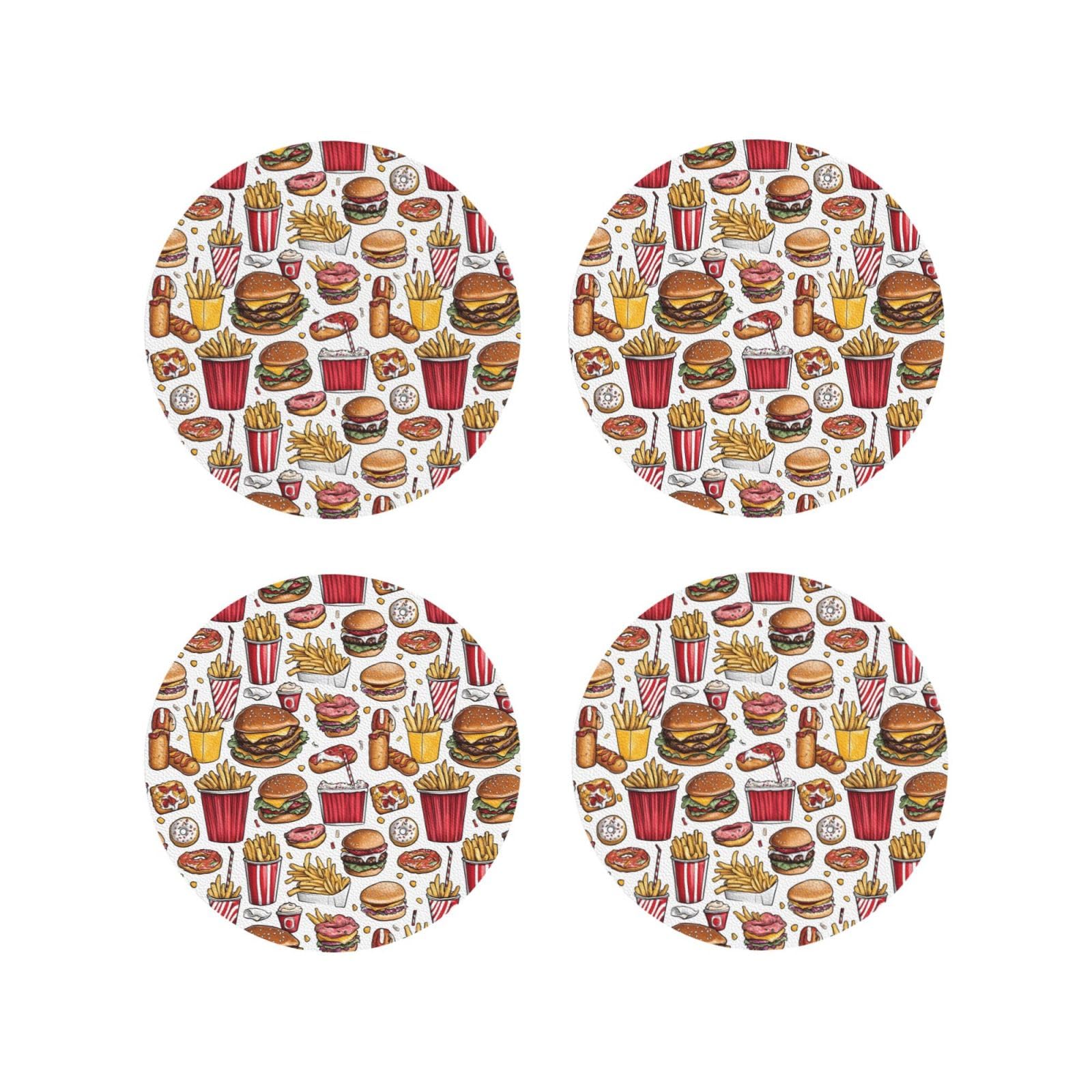 Smazdfxx Women's As Pic Leather Coasters Set Of 4 - French Fries Hamburger Food Print Lightweight Drink Coasters For Desk
