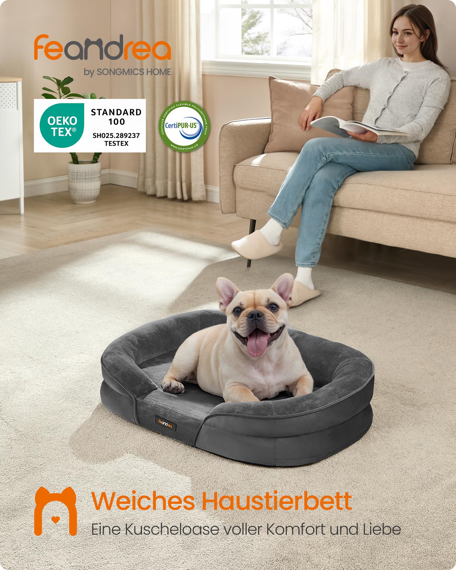 Feandrea Hundebett, orthopädisch, für mittelgroße Hunde, 76 x 51 x 18 cm