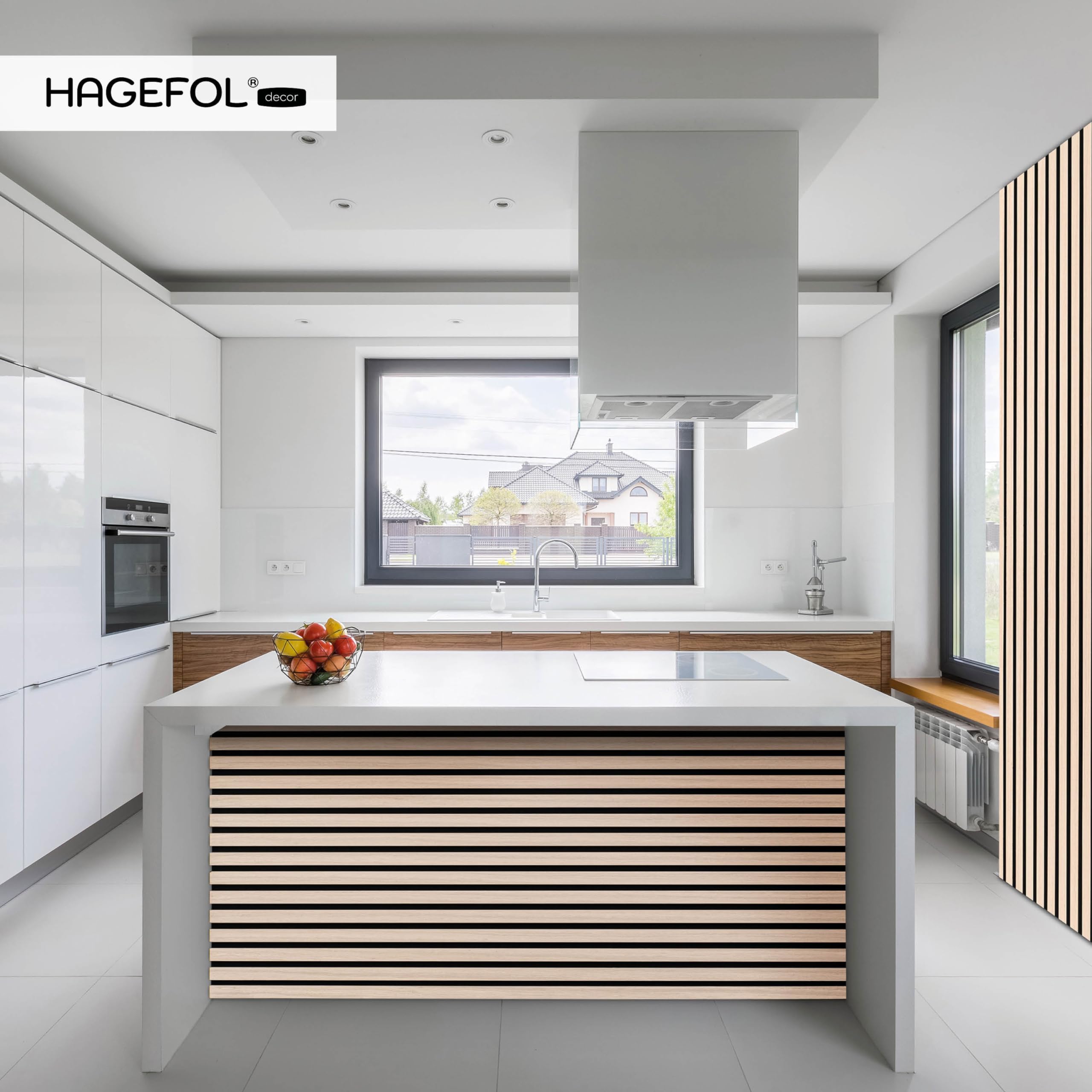 HAGEFOL® Akustikpaneele Holz 240x60 cm, Farbe: Eiche, Wandpaneele Holz, 3D Lamellenwand aus Holzfurnier auf Akustik Filz, Akustikpaneele 2400x600 mm