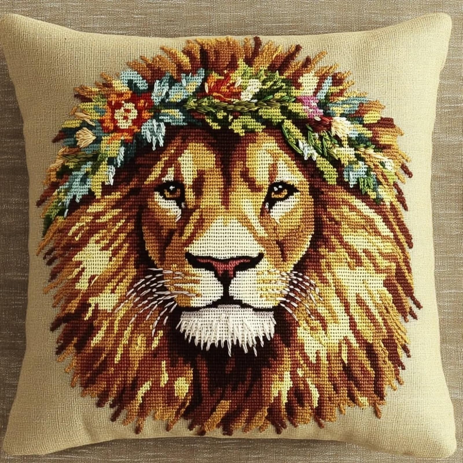 WallustrioaW Cross Stitch for Embroidery kit,Lion Wearing a Flower Wreath,Fabric Throw Pillow Cushion Cover,45x45cm Cross-Stitching Embroider Needlework Kits