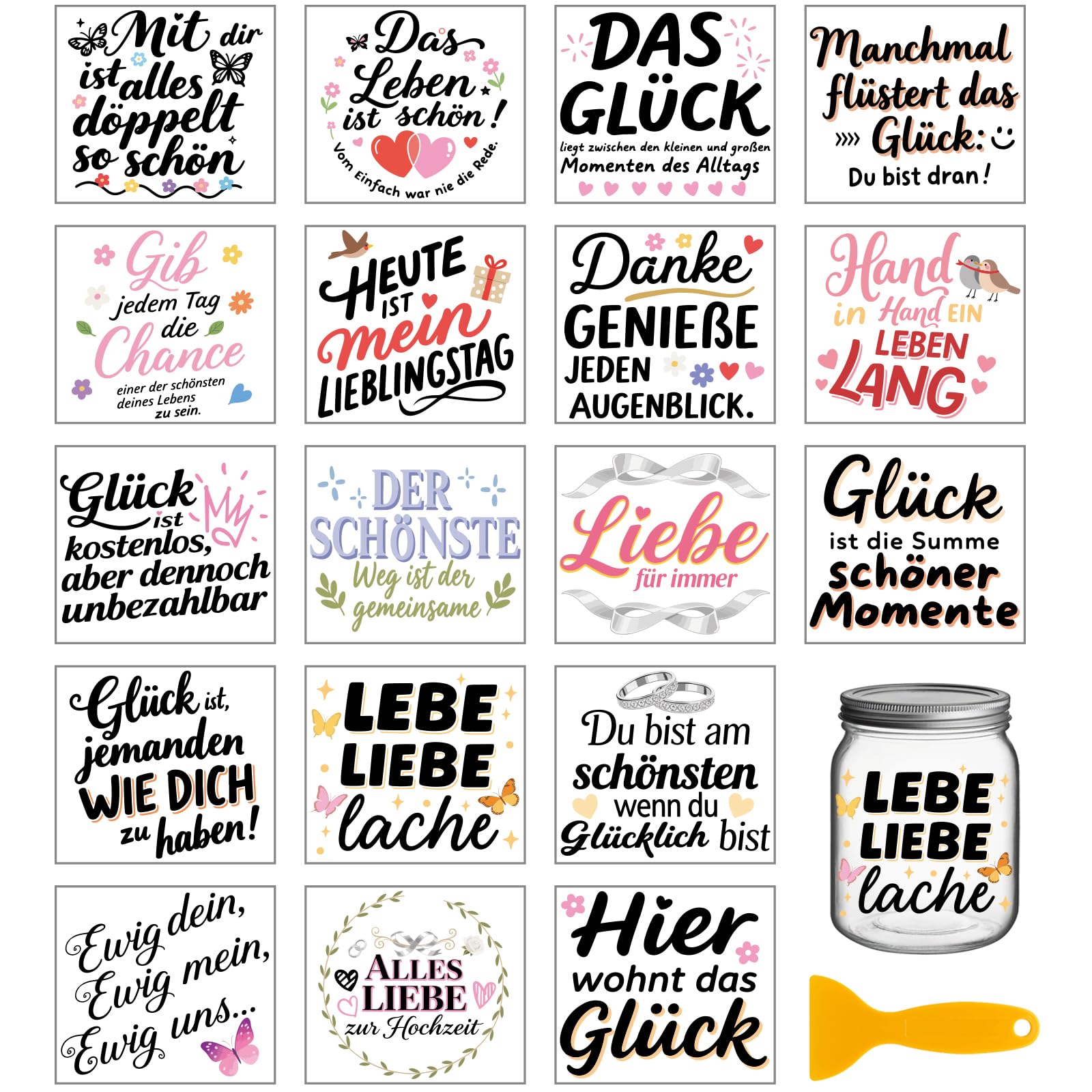 Pegatinas UV DTF multicolor de texto alemán con relieve para manualidades estéticas