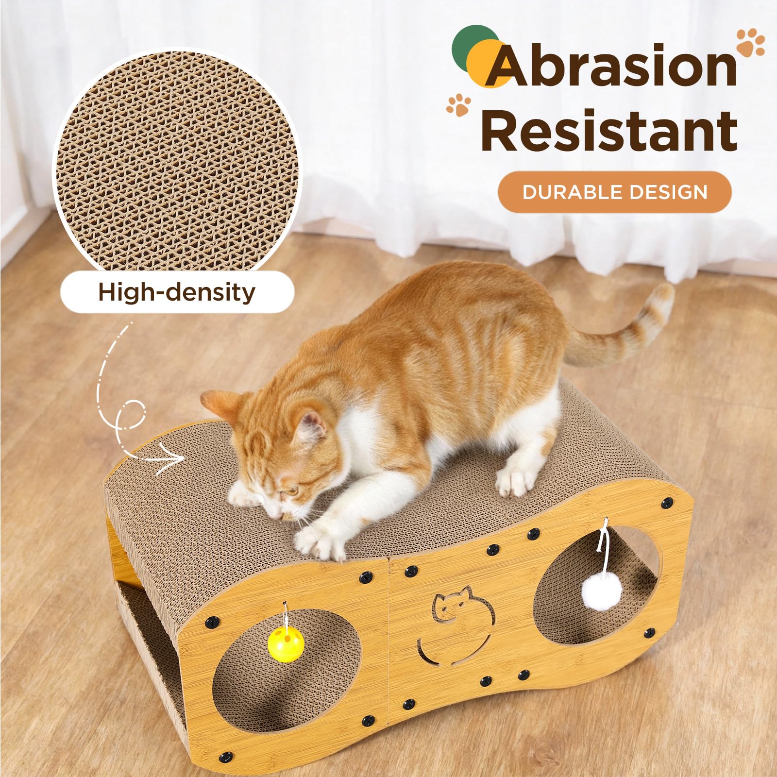 Gimars Rascador para Gatos 3 en 1 con Túnel, Rascador de Cartón para Gatos con Pelotas, Protección de Muebles, Estilo Madera, Natural
