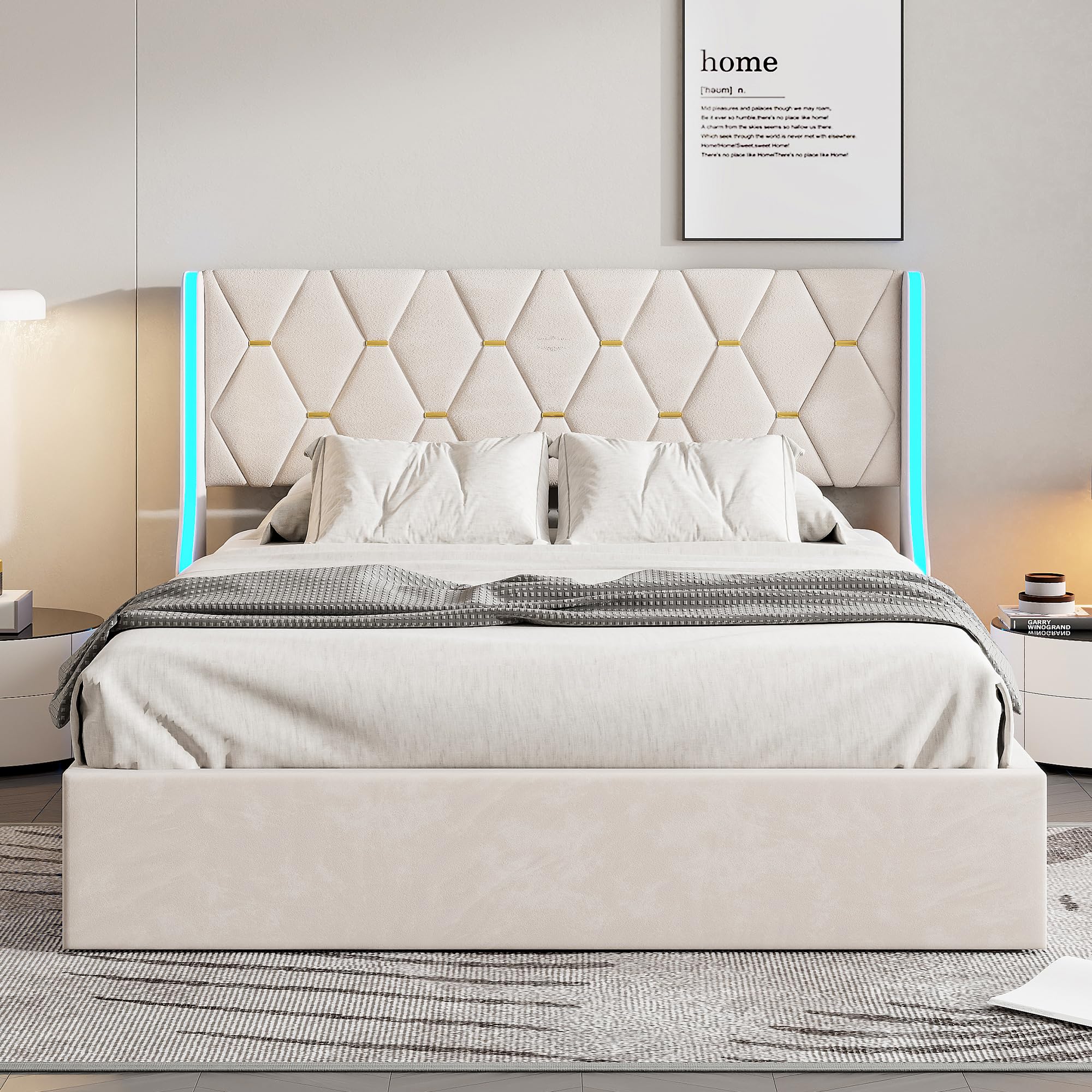 Letto Imbottito 160x200 Con LED E USB - Letto Matrimoniale A Cassapanca Con Contenitore | Bianco In Pelle PU