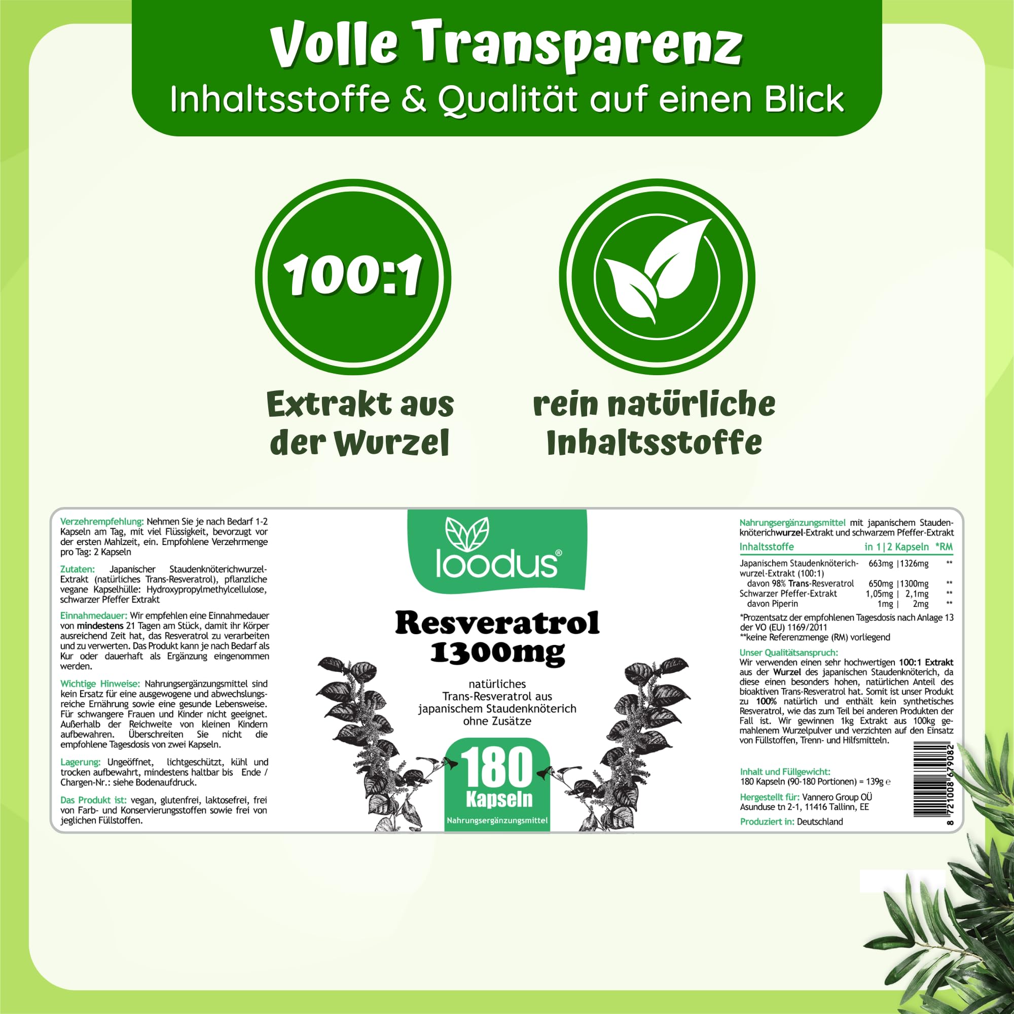 180 Trans-Resveratrol Kapseln hochdosiert - 100:1 Extrakt -1300mg pro Tag