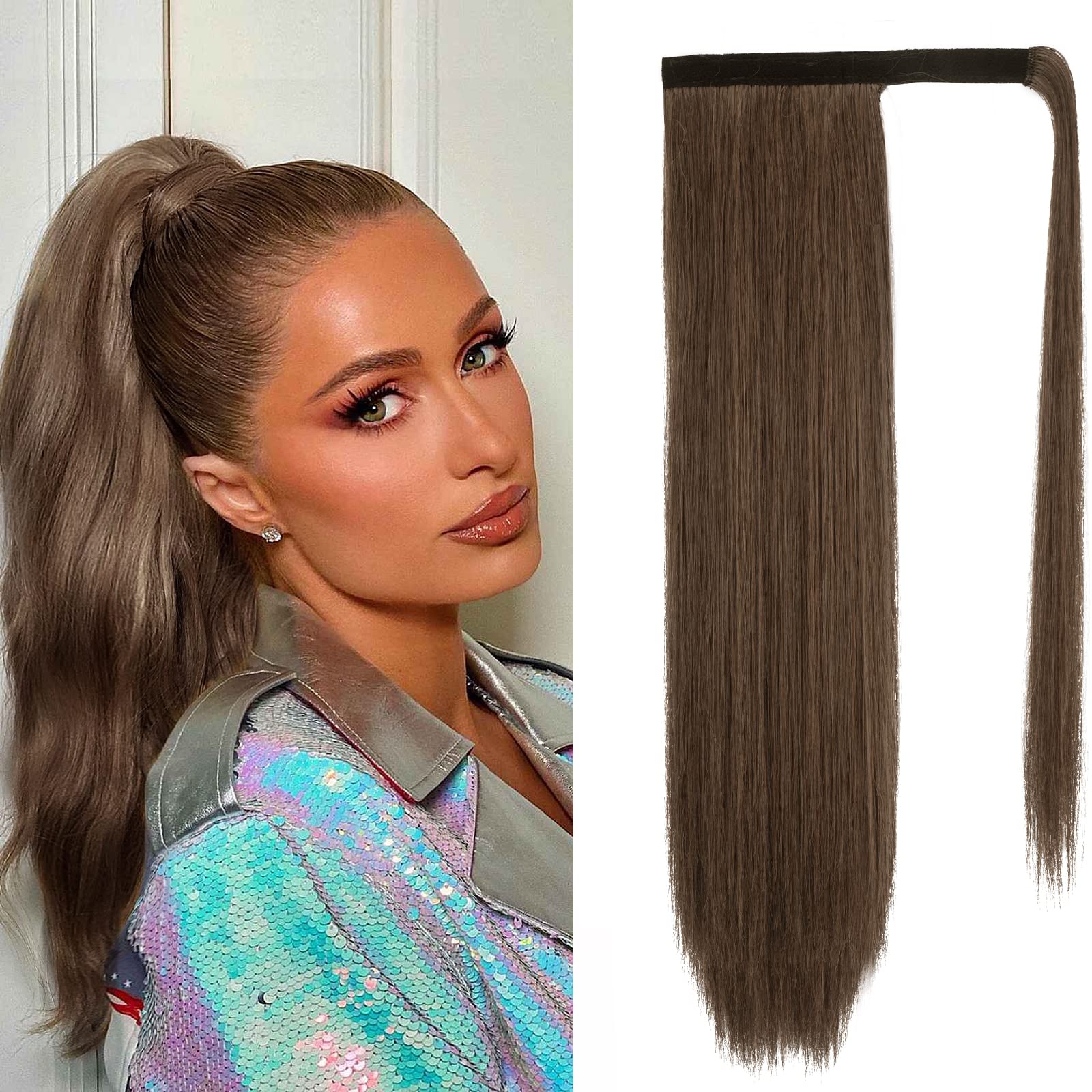 BARSDAR Brown Straight Wrap Ponytail Extension - 20 Inch Long Straight Wrap Around Ponytail for Women, Clip in Ponytails Hair Extensions Synthetic