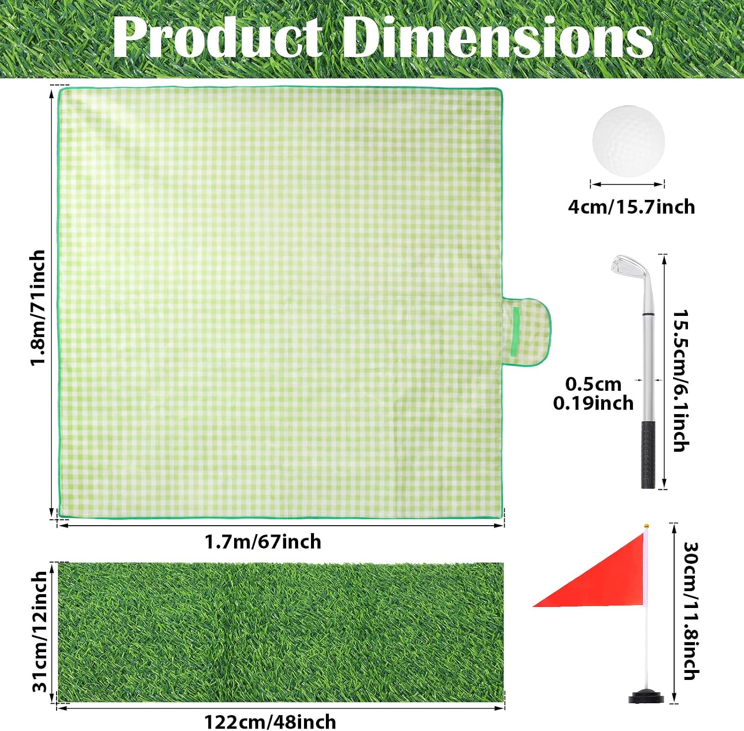 Golf Party Centerpieces Table Decoration with Artificial Grass Table Runner | 1 Green Checkered Tablecloth, 6 Golf Balls, 6 Red Flags, 6 Golf Pen, Golf Themed Birthday Baby Shower Party Supplies