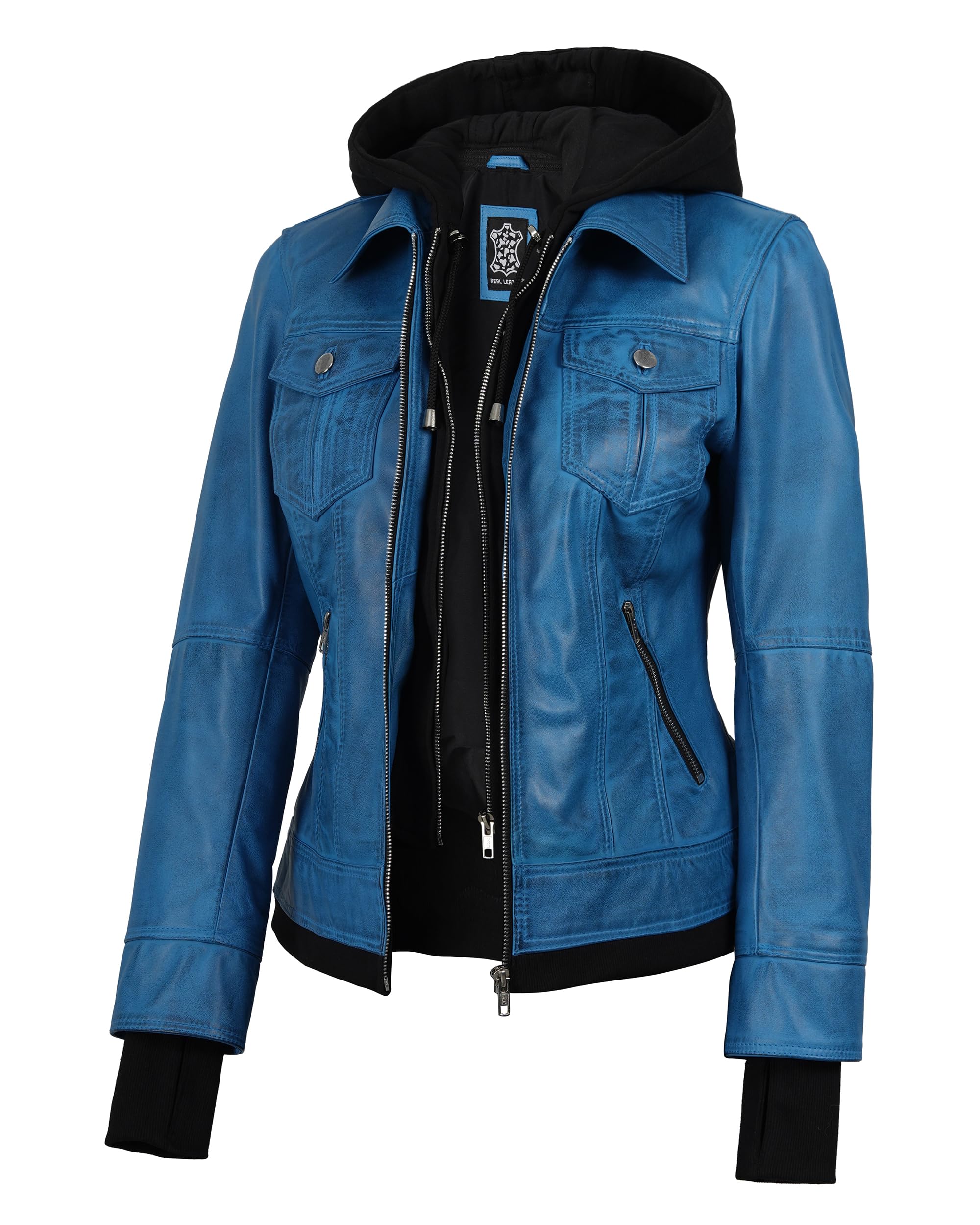 Blingsoul Womens Leather Jacket with Detachable Hood - Real Lambskin Bomber Jacket Thumbholes Women