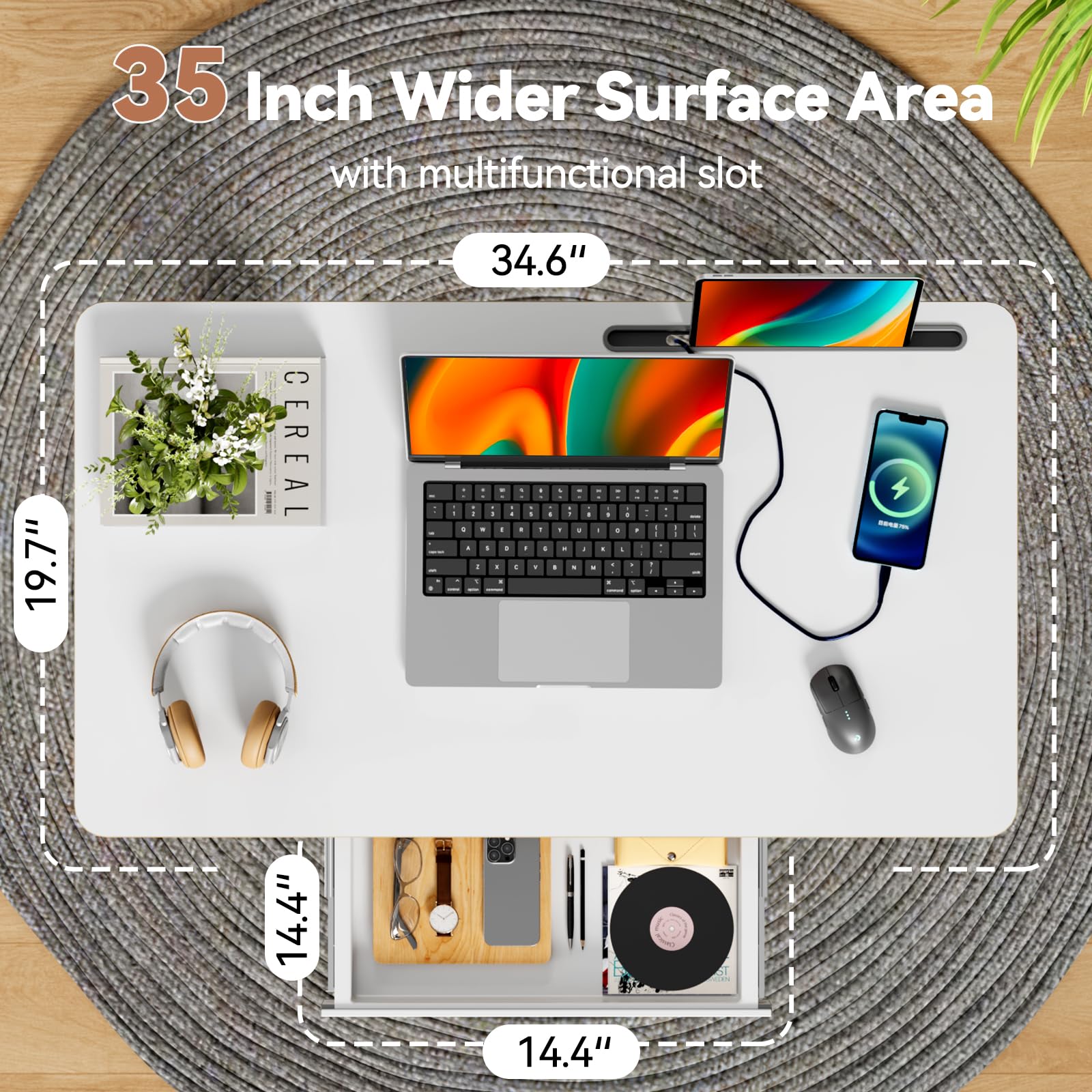 Mobile Standing Desk 35inch Small Rolling Table with Drawer Height Adjustable Sit Stand Workstation White Portable Laptop Cart — view 2