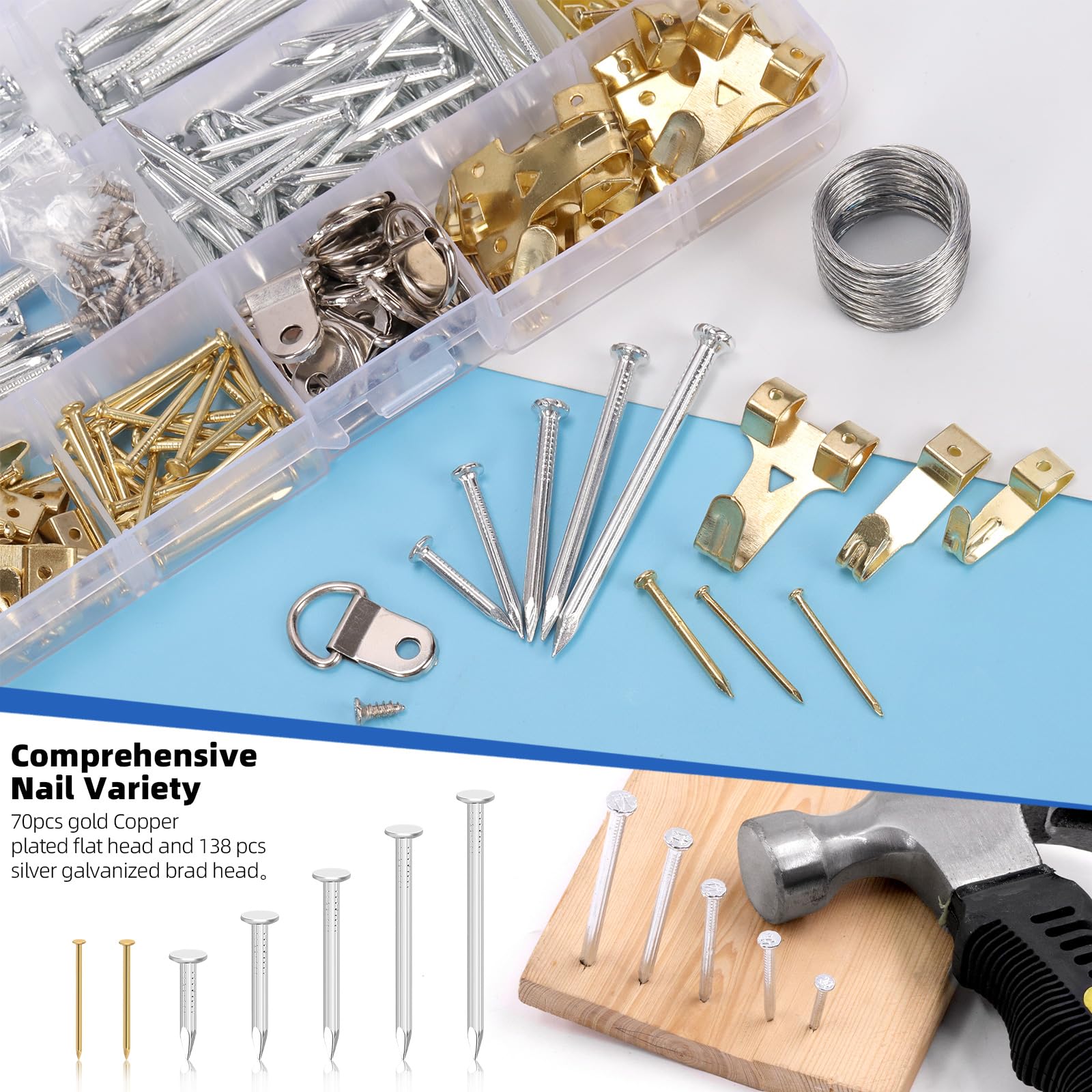 Glarks 568pcs Picture Hanging Kit, Hanging Hardware with Hooks, Wire, Nails, D Ring, Wall Hanging Kit, Heavy Duty Picture Hanger Frame Hook Hardware, Heavy Duty Frame Hanging Hardware for Hanging - Image 4
