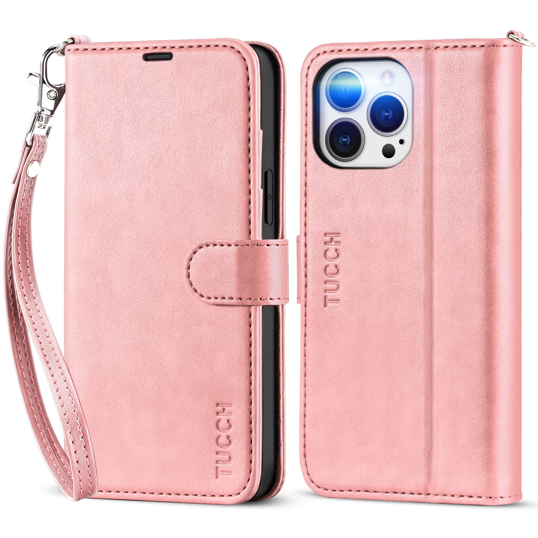 TUCCHFlip Case for iPhone 13 Pro Max (6.7") 2021 5G, PU Leather Wallet Case with Wrist Strap, RFID Blocking, Card Slot, Shockproof TPU, Viewing Stand, Magnetic Folio Cover for Women Men, Rose Gold
