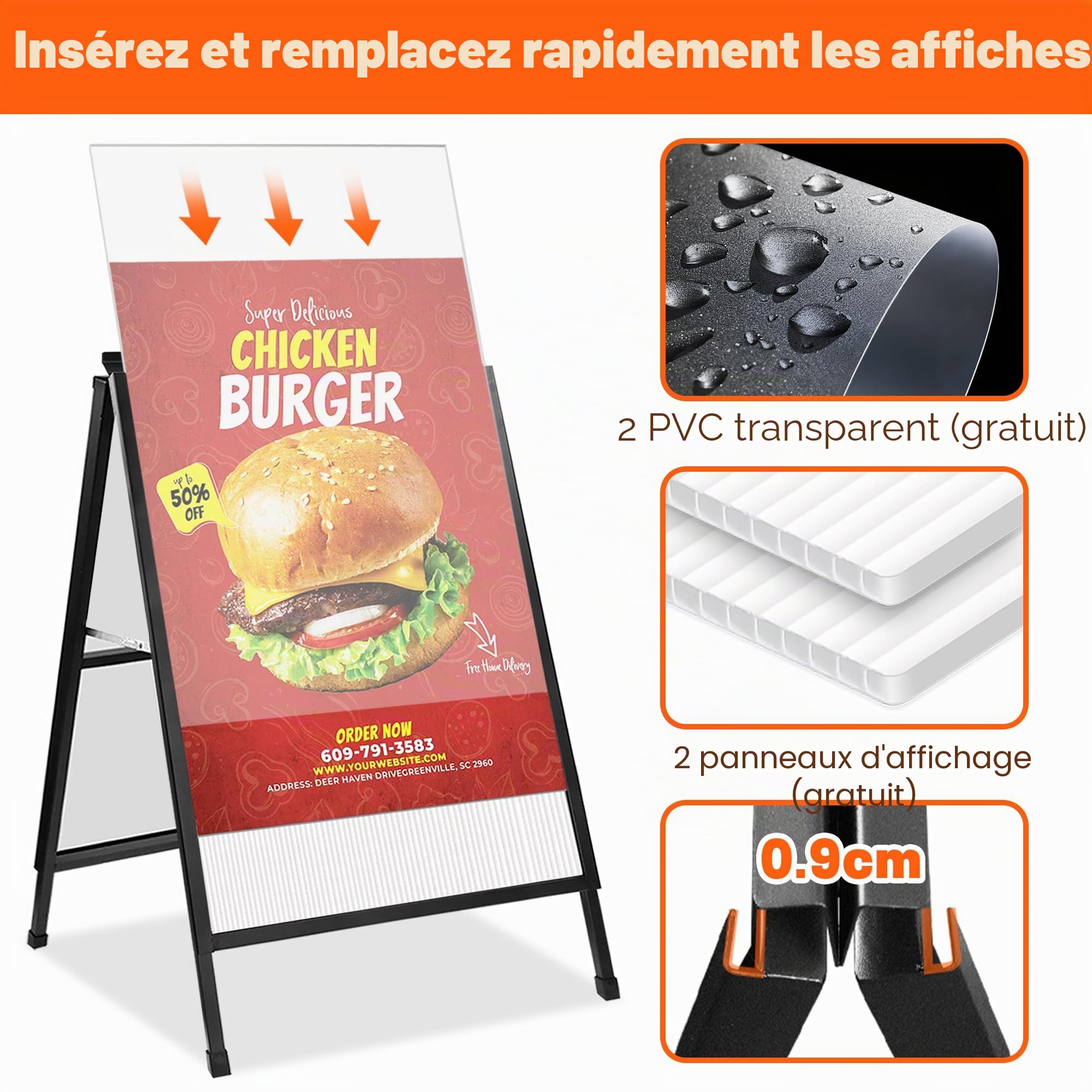Cadre A1 pour trottoir - Double face - Robuste - Avec 2 feuilles en plastique ondulé - Pour publicité extérieure, vente, entreprise
