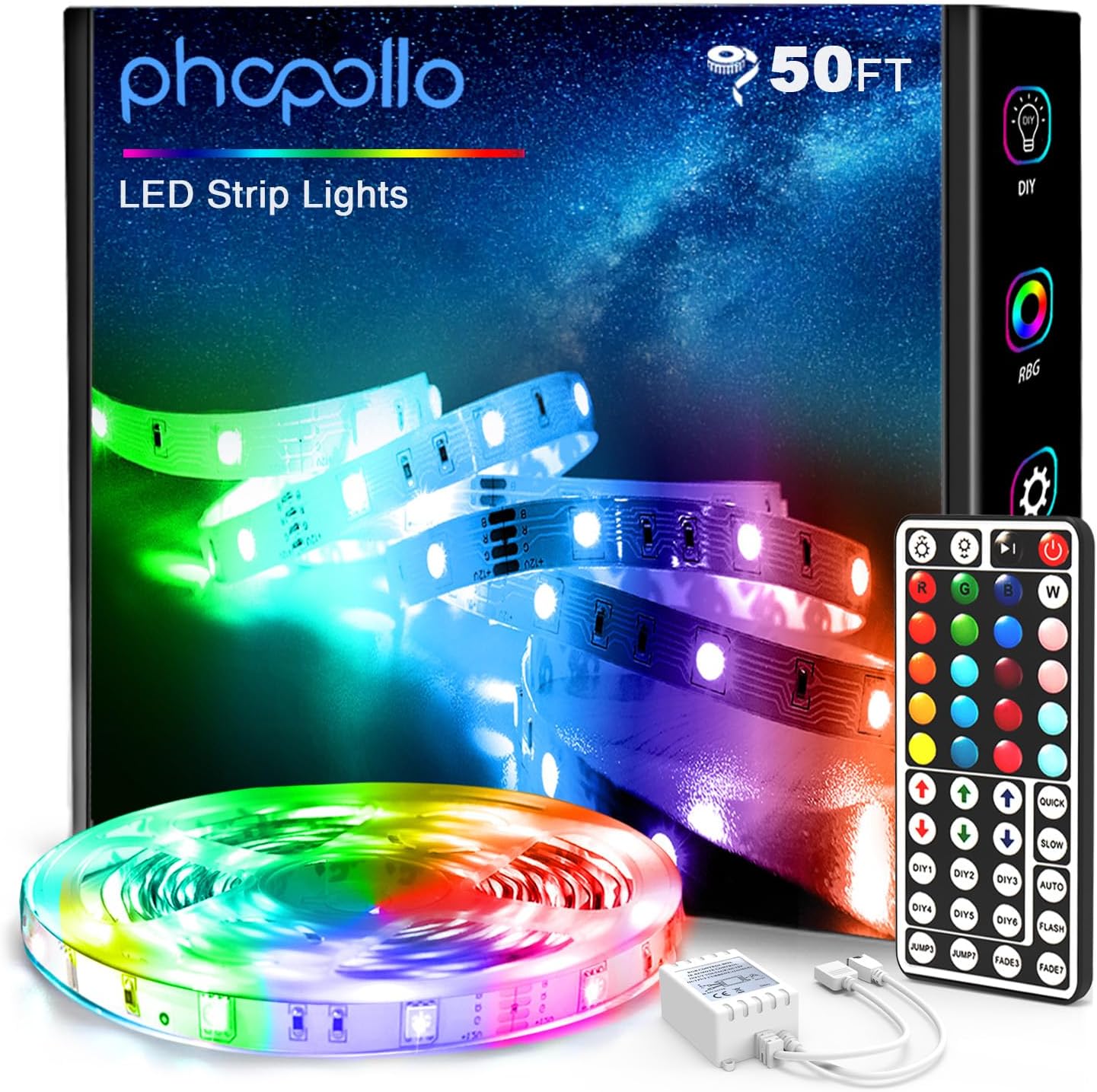 phopollo LED Lights for Bedroom 50FT, 5050 LED Strip Lights with 44 Key IR Remote Controller and 12V Power Supply for Home Decoration