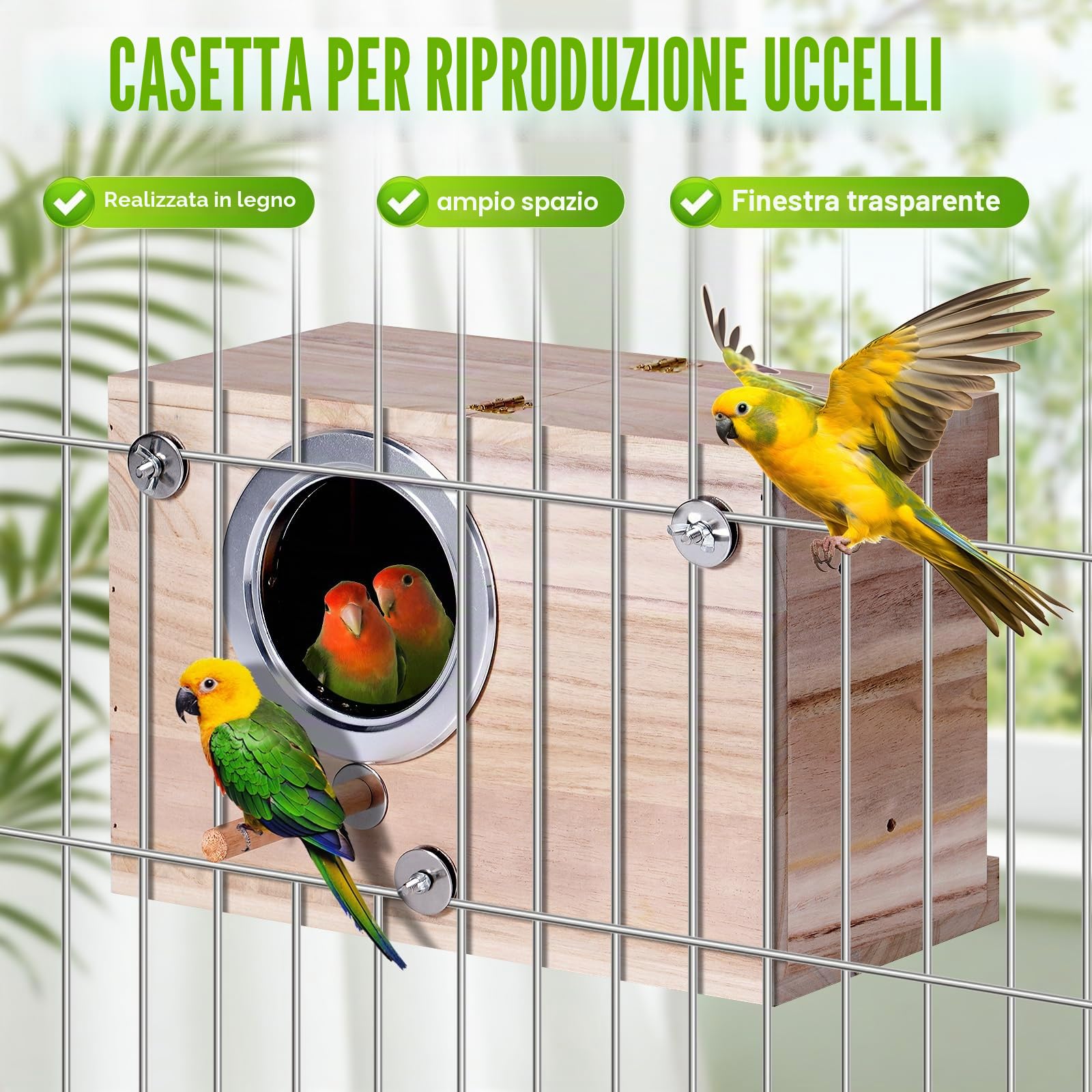 Nido per uccelli in legno per parrocchetti per piccioncini, pappagalli, scatola di accoppiamento per uccelli selvatici, gabbia per pappagallini, calopsitte, cova Coops (L)