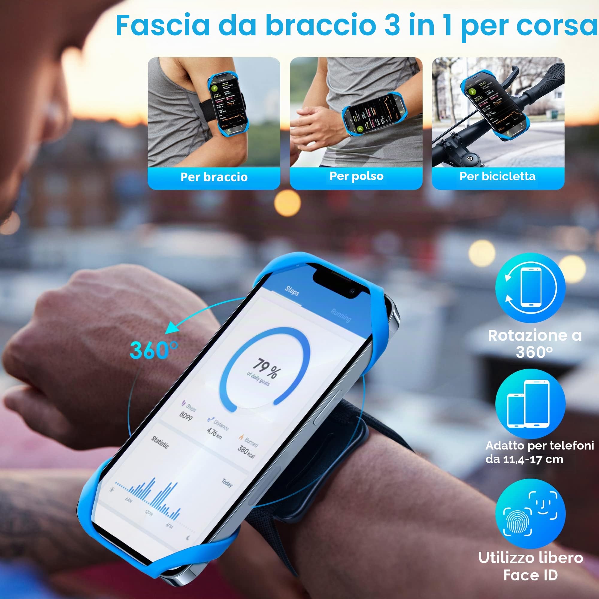 Cikyner Cinturino sportivo 3 in 1 per cellulare, corsa e bicicletta, girevole 360° e rimovibile, universale da 4,5-7" iPhone Huawei