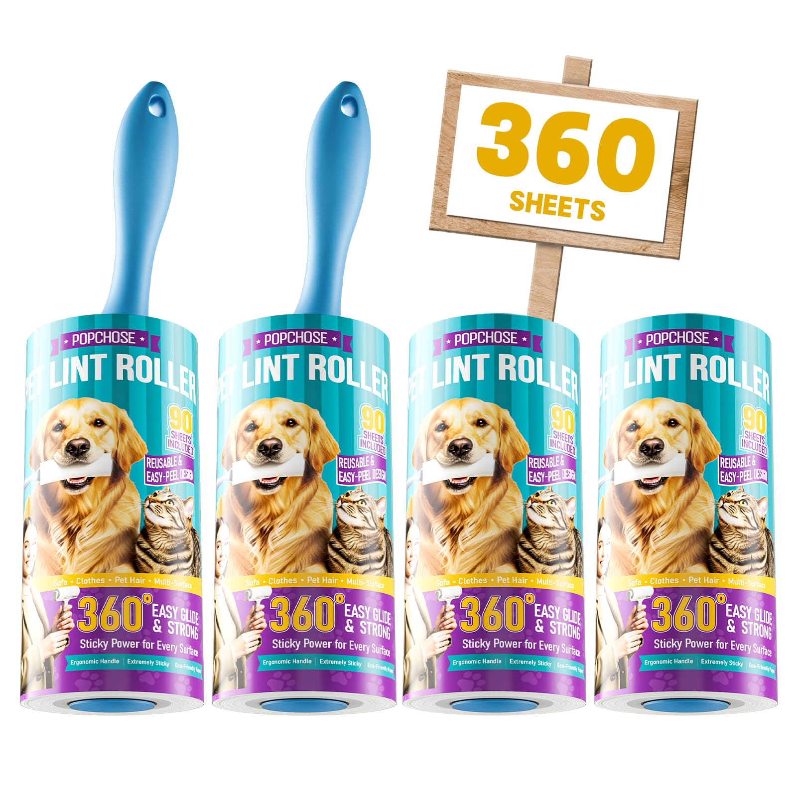 POPCHOSE Lint Roller for Pet Hair Extra Sticky, 360 Sheets with 2 Handles