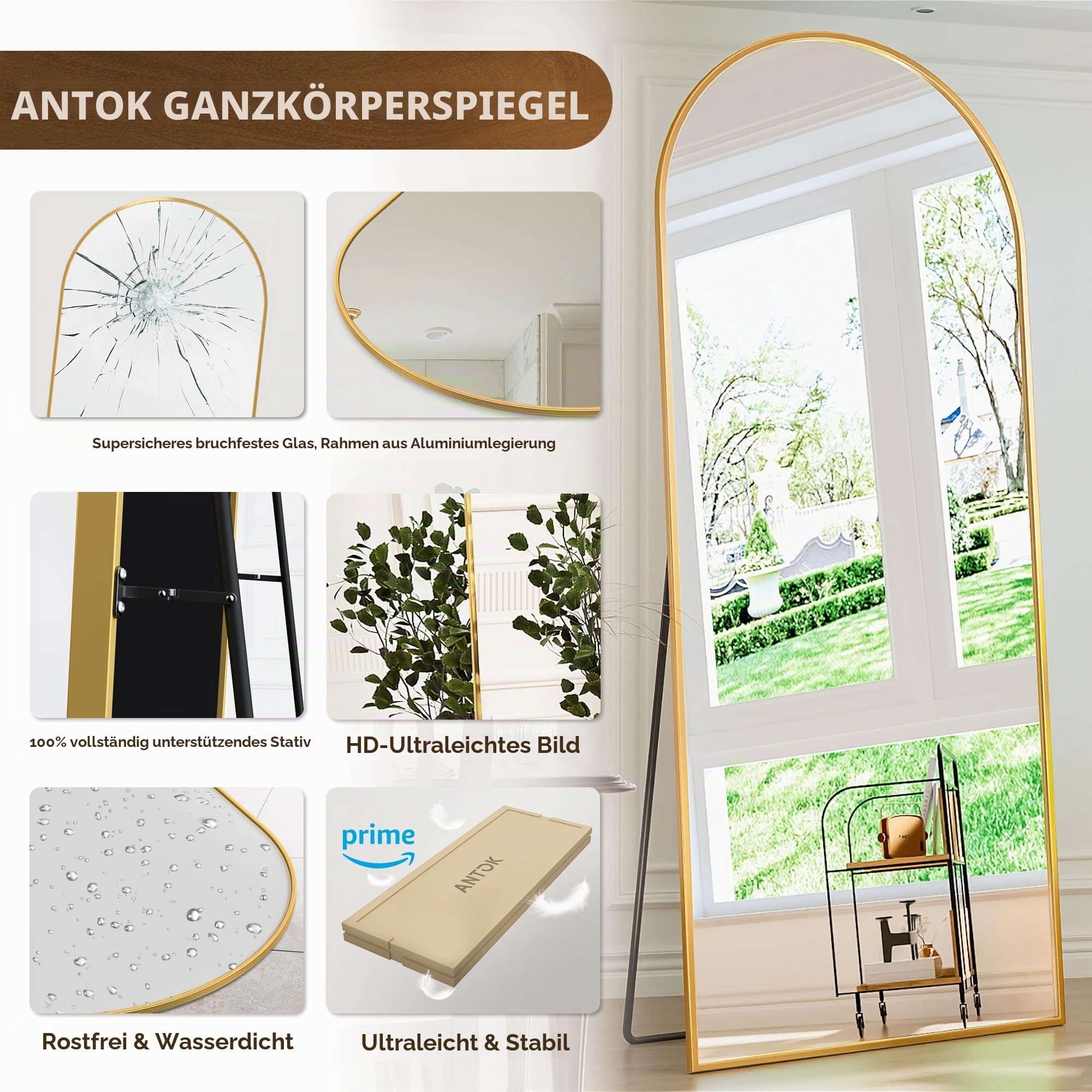 Antok 179x65 cm Gewölbter Ganzkörperspiegel - Standspiegel Groß Voller Länge Stehspiegel Stehend Spiegel mit Rostfestig Aluminium Rahmen, Robustem Glas in HD für Schlafzimmer Wohnzimmer Garderobe