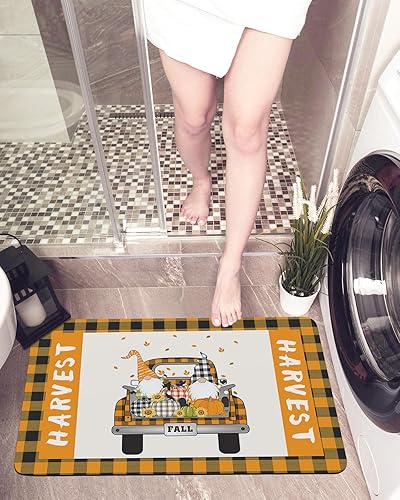 Bath Mat Non Slip Thanksgiving Gnomes Truck Orange Plaid Quick Dry Bath Mat, Bathroom Floor Mat Rug for Bathtub,Shower, Pumpkin Maple Leaves Harvest