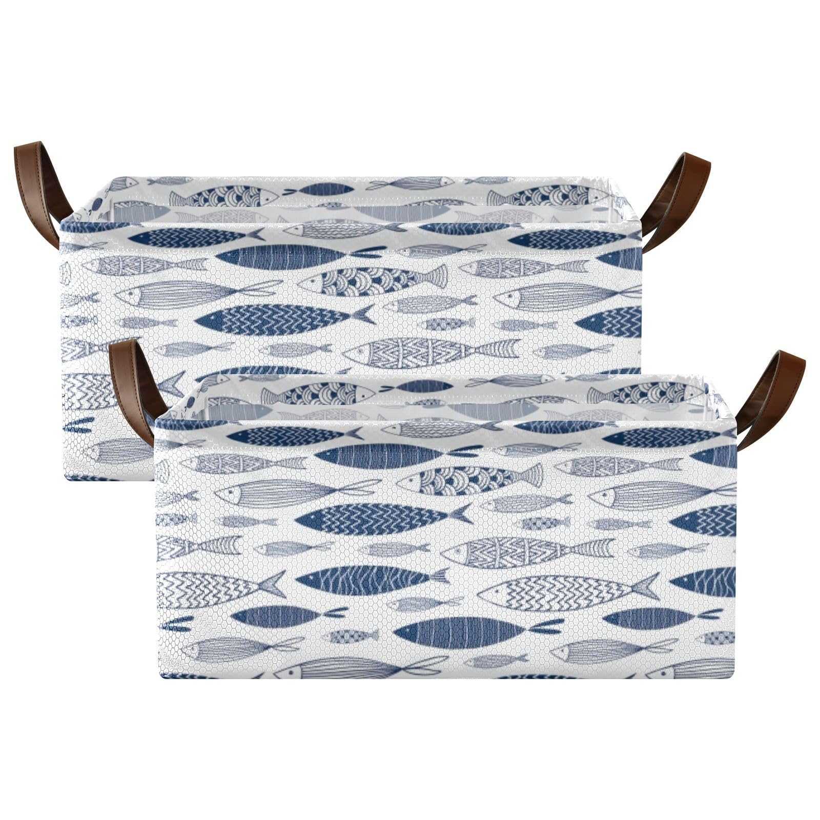 Fygkptb Seamless Blue Tribal Ethnic Ornamental Fishes on White 2 PC Rectangle Foldable Frame Basket Leather Handles Storage Bin for Laundry Bathroom Organizer 16.9 x 11.4 x 7.7 inch
