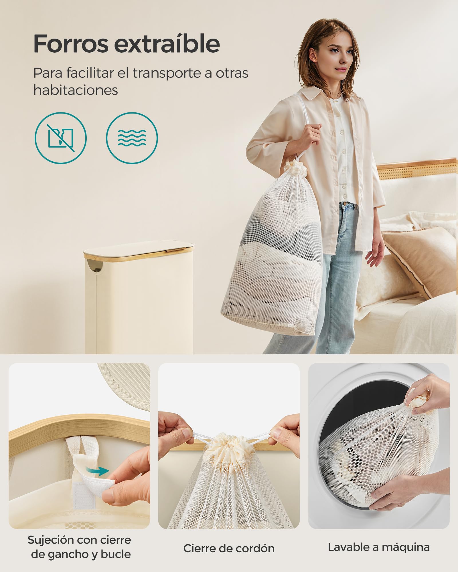 SONGMICS Cesto de Ropa Sucia con Tapa, Cesta Ropa Sucia Delgada, 65 L, Ahorra Espacio, Forro de Malla Extraíble, Tejido Oxford, Asas Bambú, Plegable, 42 x 22,5 x 70,5 cm, Blanco Crema LCB506W01