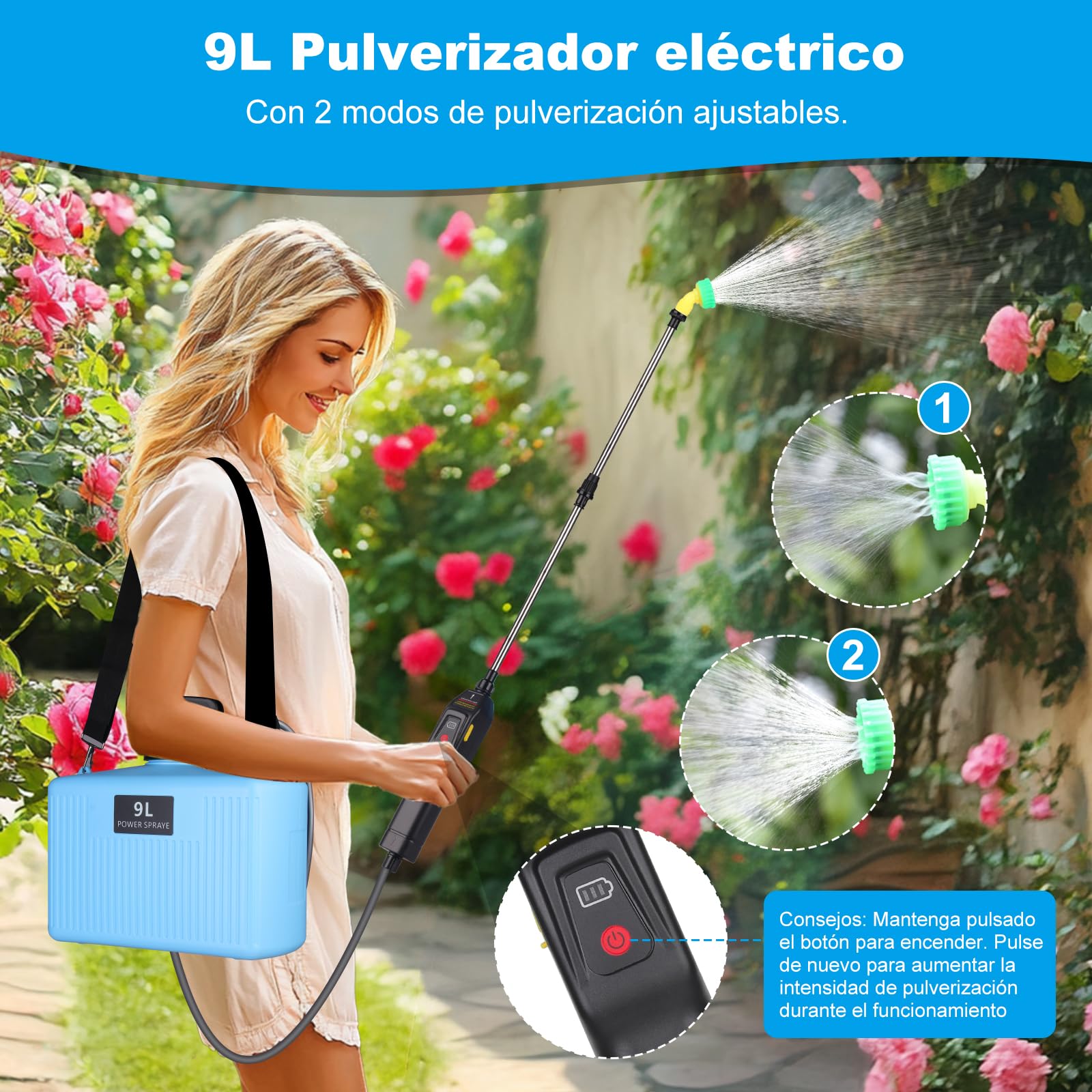 Pulverizador Eléctrico 9L, Jardin Pulverizador con 3 boquillas, Varilla Retráctil, Pulverizadors Plantas Recargable por USB con Correa para el Hombro