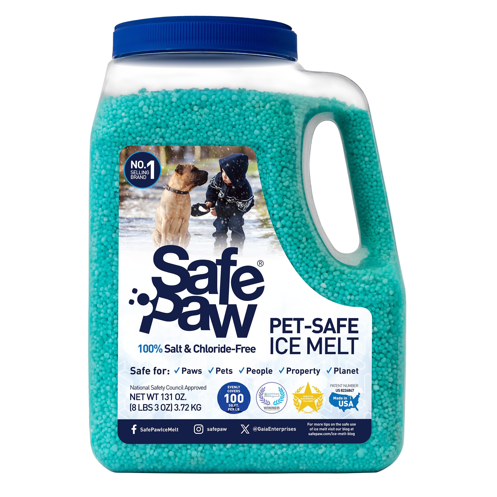 Safe Paw, Dog/Child/Plant Pet Safe Ice Melt with Traction Agent, 8lb, 100% Salt-Free/Chloride-Free, Non-Toxic, No Concrete Damage, Fast Acting, Lasts 3X Longer