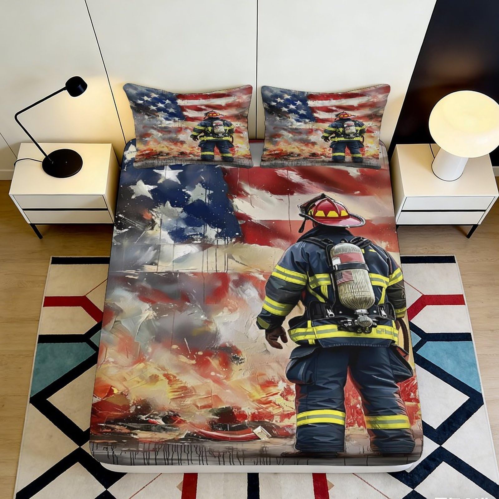 3D Printed Firefighter Flag Fitted Sheet Microfiber Durable Soft 3D Printed American Flag Bed Cover for Bedroom Dormitory Guest Room Mattress Protection 140x200x25cm