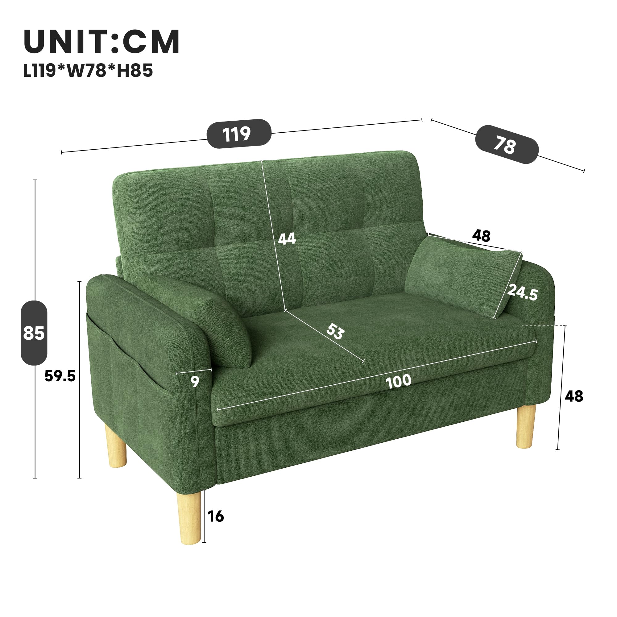 Moderno divano a due posti con imbottiture morbide e spesse, 2 cuscini e borsa portaoggetti laterale, ideale per soggiorno, camera da letto o piccoli appartamenti, tessuto in ciniglia, verde