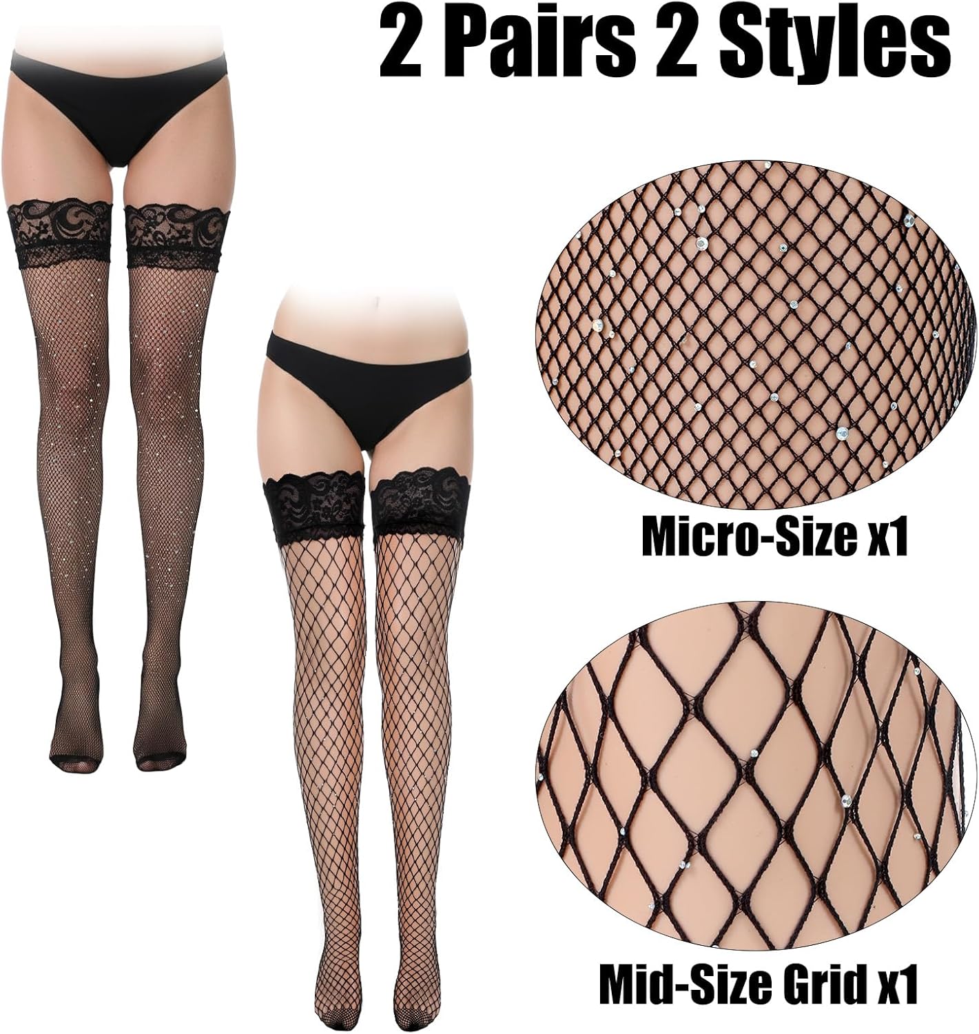 2 Pair Rhinestone Fishnets Thigh High Stockings, 2 Styles Black Lace Socks, Sparkle Fishnet Tights for Women, Sexy Lace Top Silicone Socks for Halloween Christmas Cosplay Clothing Accessories - Image 3