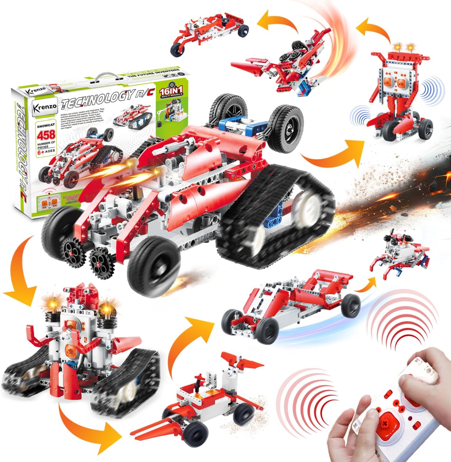16 in 1 STEM RC Car - Remote Controlled Stunt Tank - 458 PCS RC Car Kit - Learning and Educational Snowmobile Gifts for Boys
