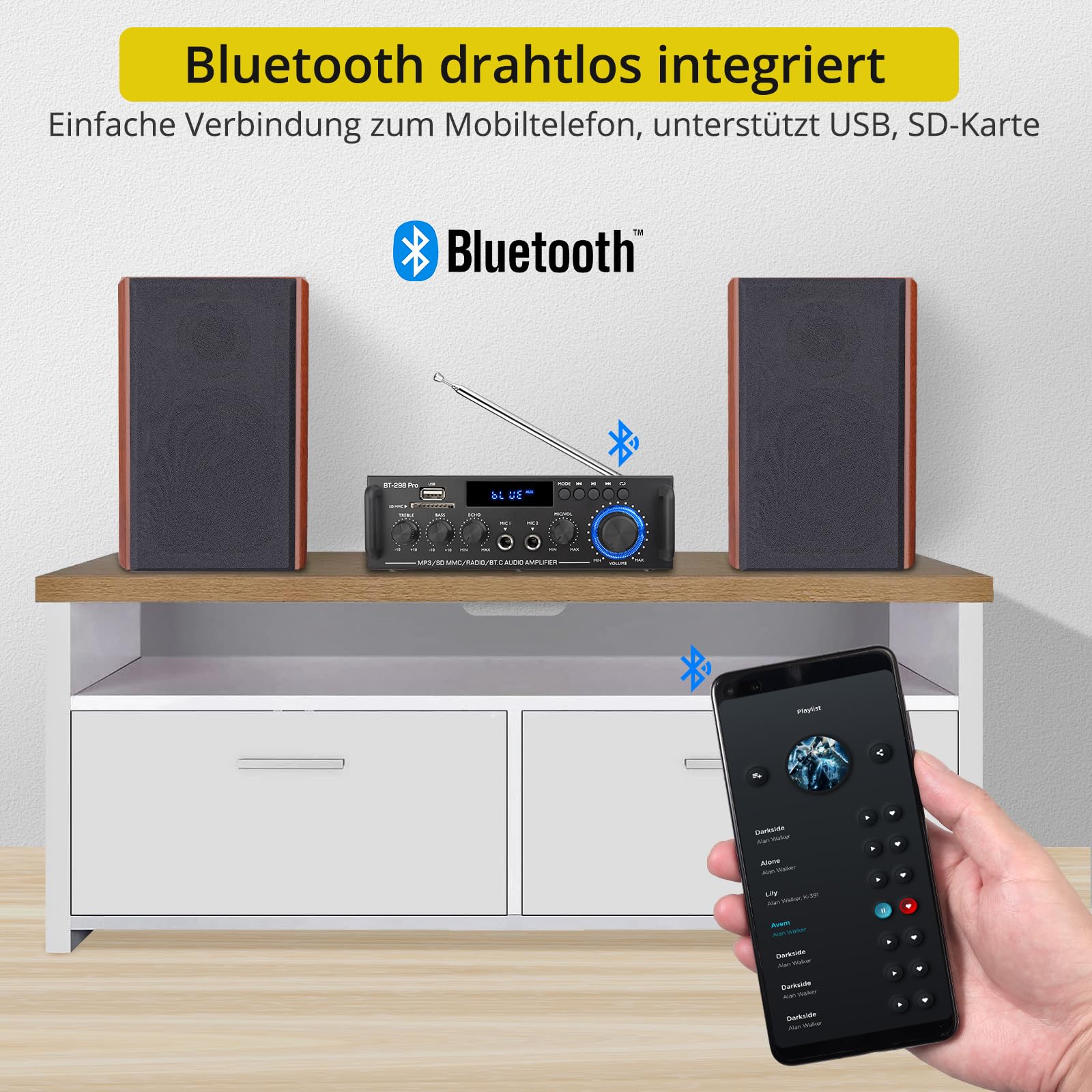 PROZOR Audio Power Stereo Verstärker Bluetooth 5.0 Verstärker HiFi Stereo Amplifier mit 2 Kanal, Bass Treble Tuner, Fernbedienung Digital Endstufe Mini Audio Verstärker für PC Heimkino 50Wx2 12V