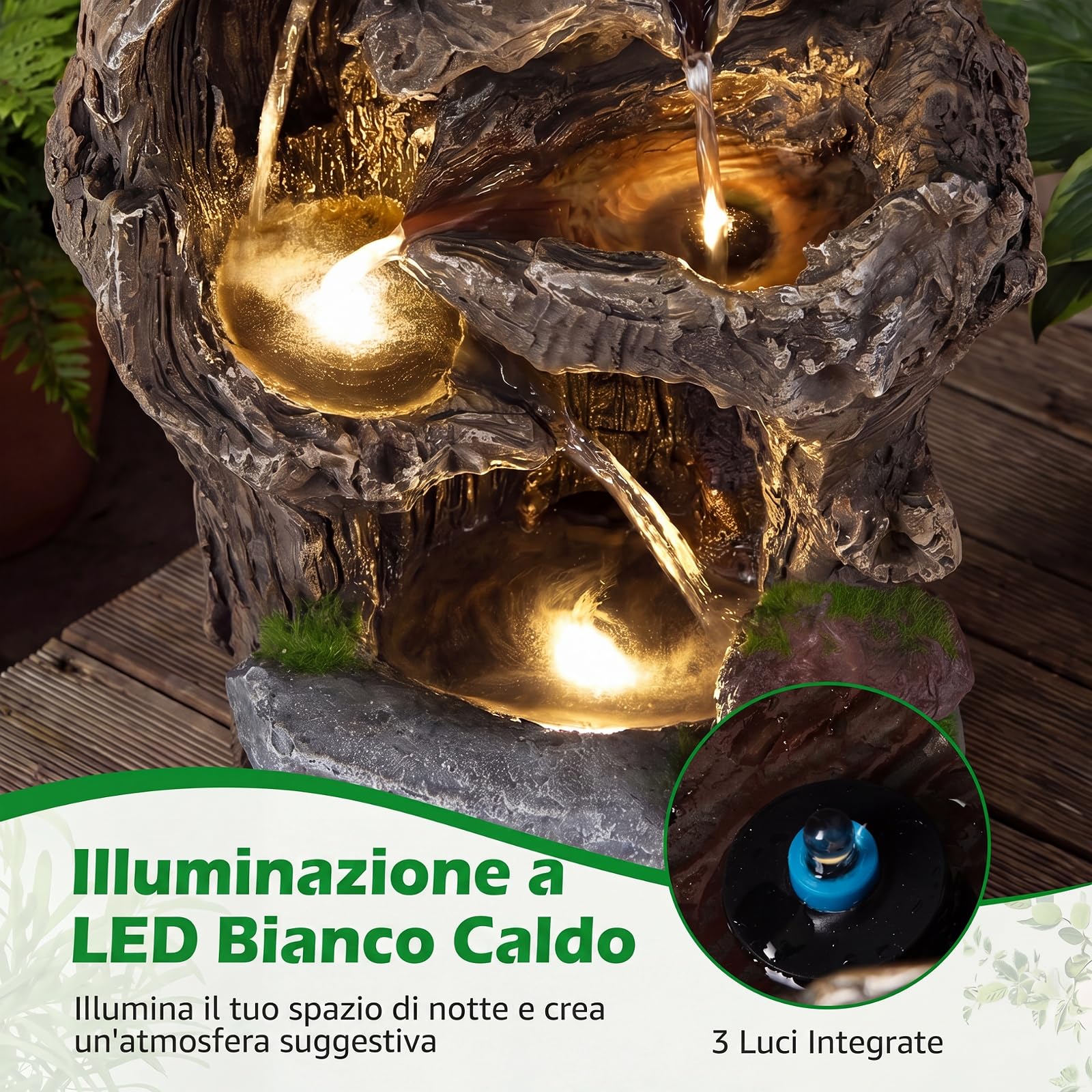 COSTWAY Fontana a Cascata, Fontana da Esterno con Illuminazione LED, Pompa e Muschio Artificiale, Ornamento Cascata in Stile Roccia per Cortile, Balcone e Salotto, 30,5 x 26 x 53 cm