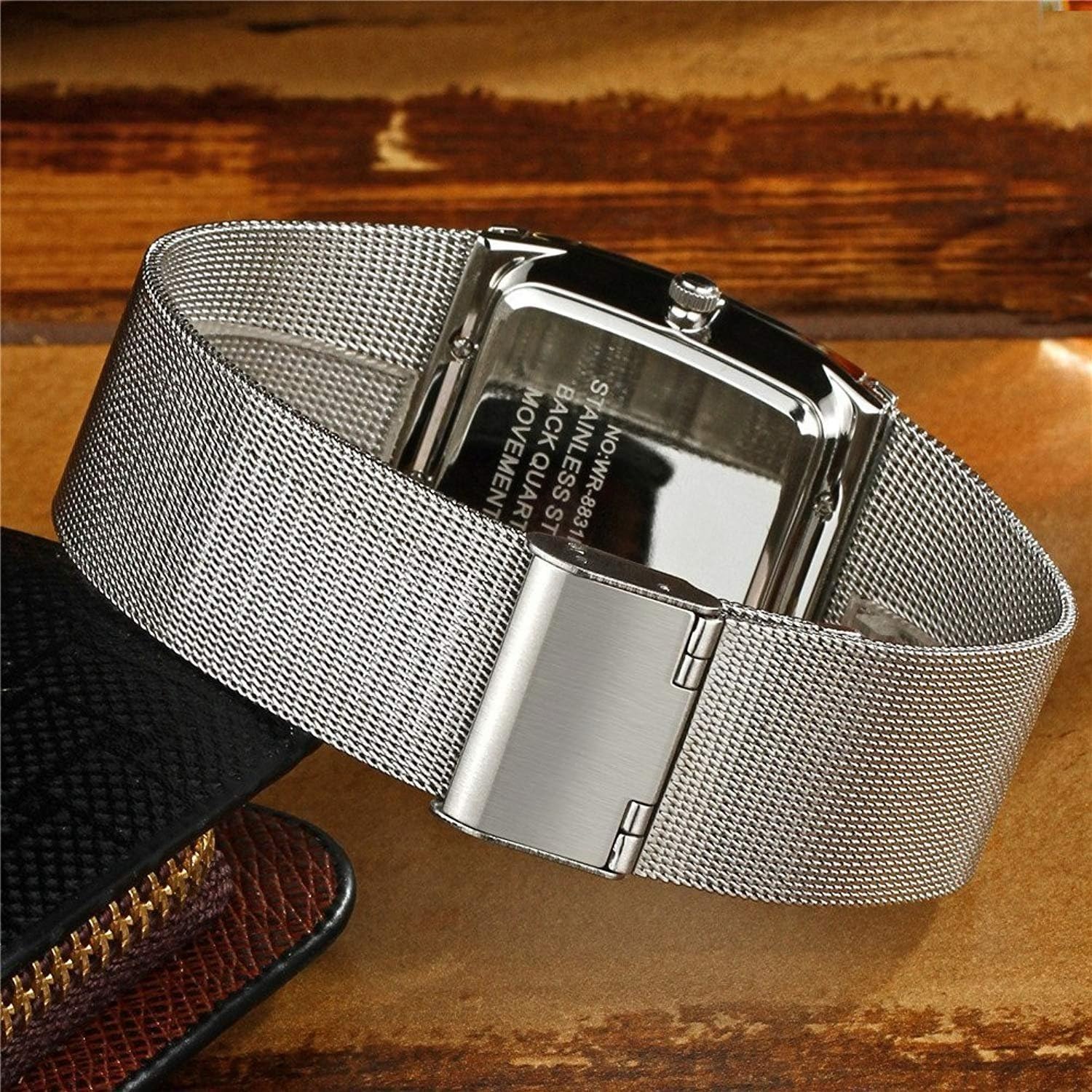 Einfache rechteckige Analoguhr für Herren, ultradünnes Edelstahl-Mesh-Armband, minimalistischer Stil, Armbanduhr, Geschenkbox