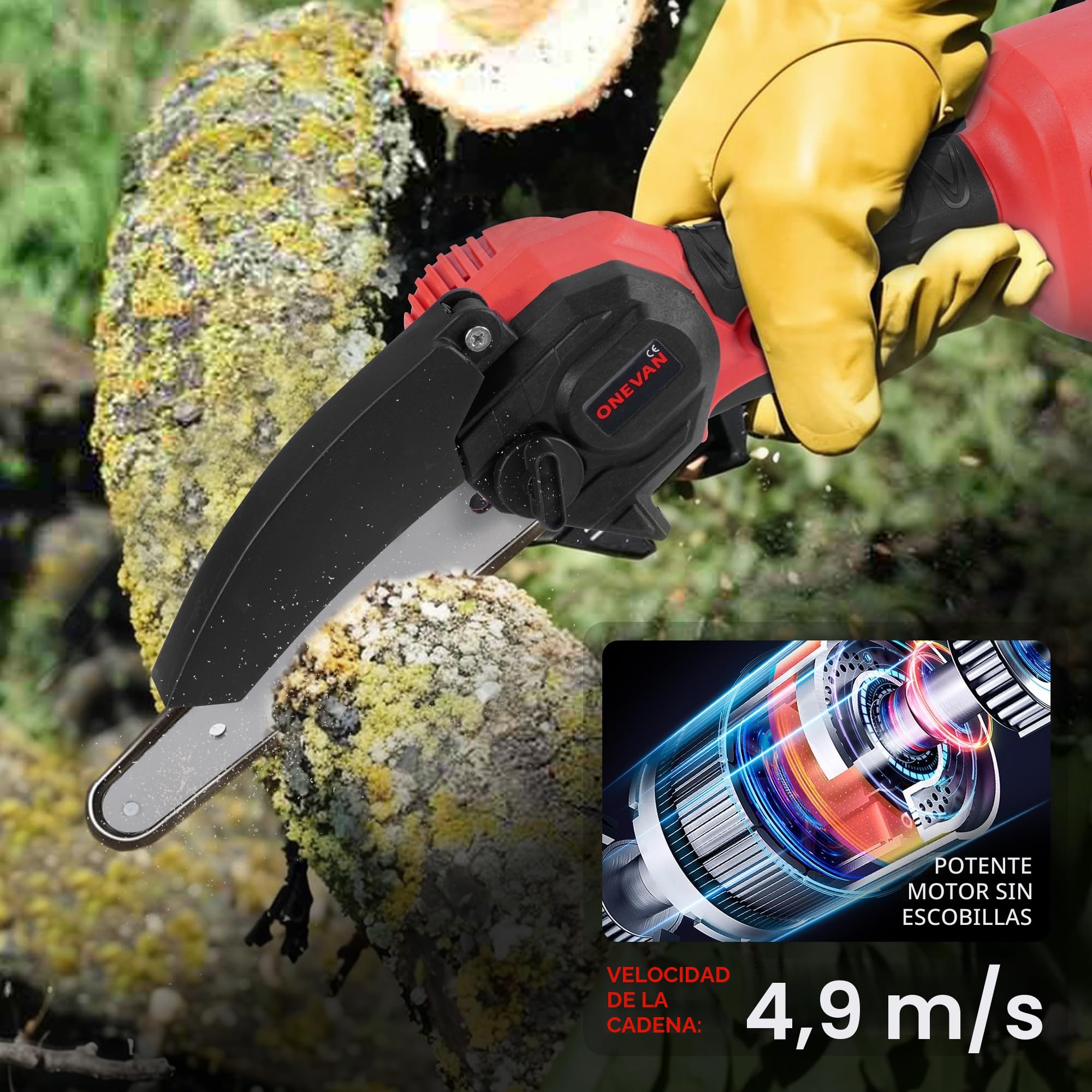 ONEVAN 4 en 1 tijeras de podar y motosierra, 2 baterías de 4,0Ah | 50 minutos de autonomía, motosierra de 6 pulgadas, pértiga telescópica de 2m, ángulo ajustable de 180°, para podar árboles