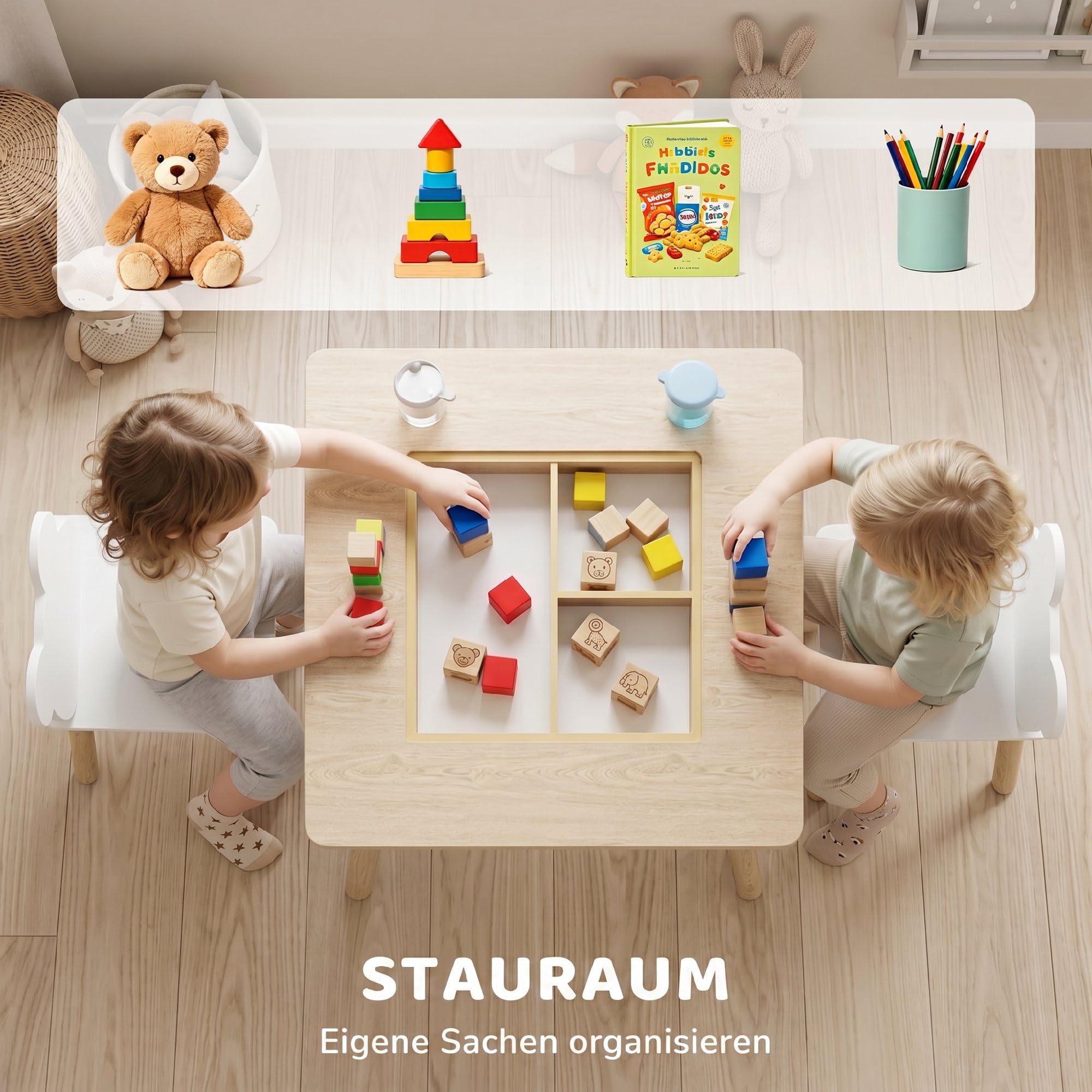 AIYAPLAY Kindertisch mit 2 Stühlen Kindersitzgruppe 3-6 Jahre Naturholz