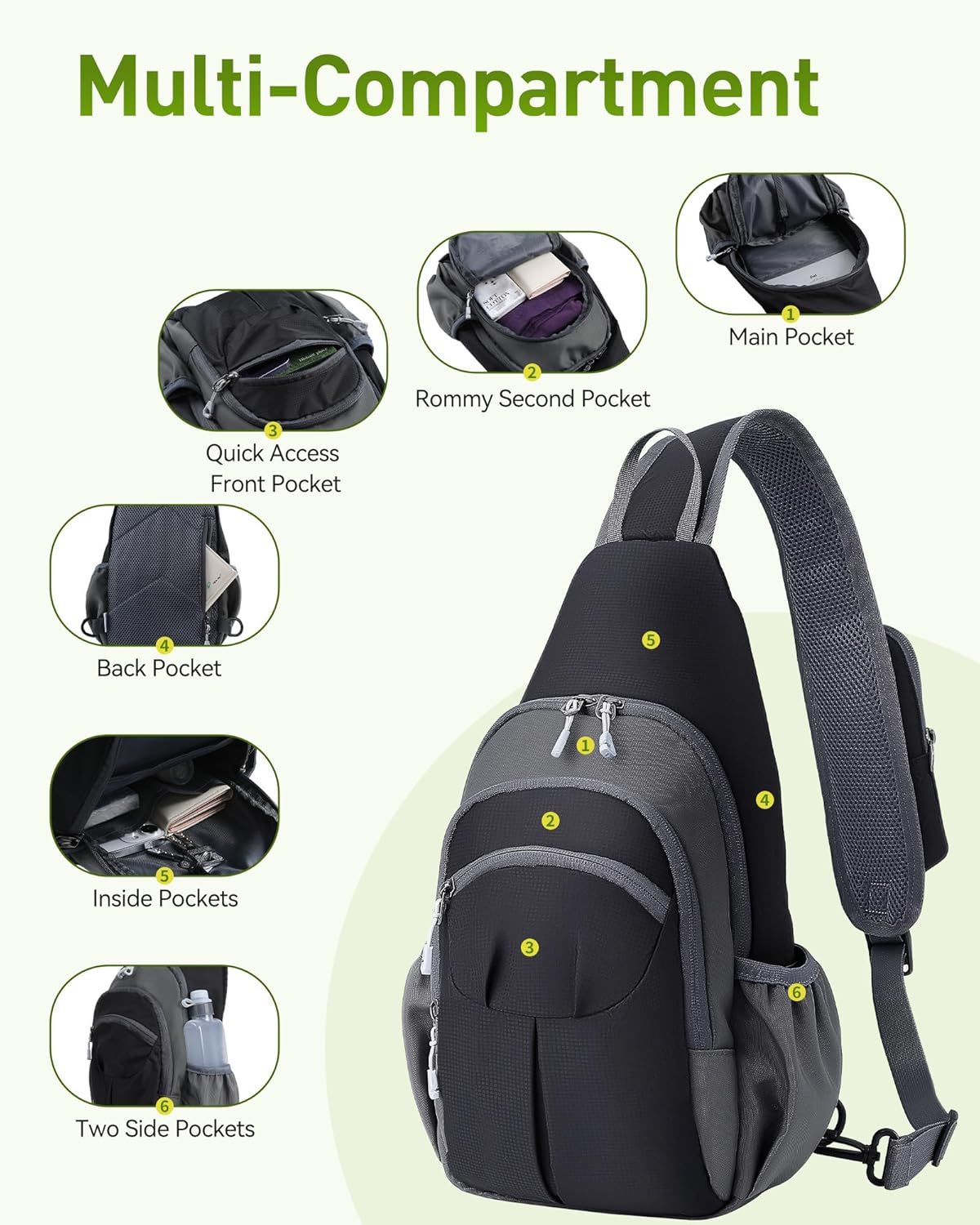 AGPTEK Lightweight Sling Bag, Small Crossbody Daypack with Water Bottle Holder, Compact EDC Chest Bag for Men Women Outdoor Hiking Travel Day Trip Gym Cycling, Grey - Image 4