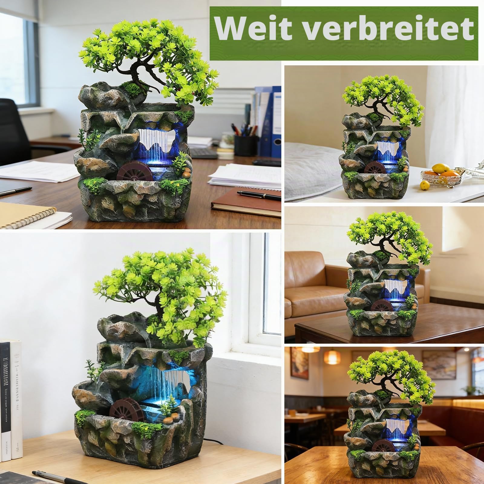 Tisch Zimmerbrunnen Wasserfall, Tischbrunnen mit Wasserrad und LED-Beleuchtung, Zimmer Pflanze Brunnen, Deko Tisch Springbrunnen für Wohnzimmer, Büro und Schlafzimmer (30x18x15cm)