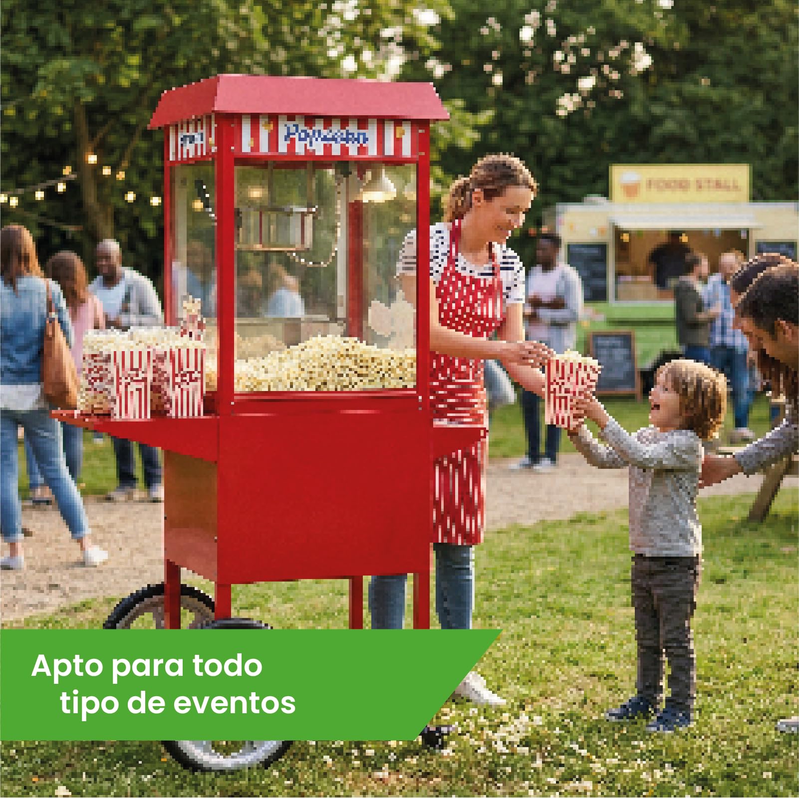 Palomitera Grande con Carrito Portátil, Olla Extraíble e Iluminación, Color Rojo Americano, Ideal para Fiestas y Eventos. Máquina de Palomitas con Potencia de 1350 W y Gran Capacidad.