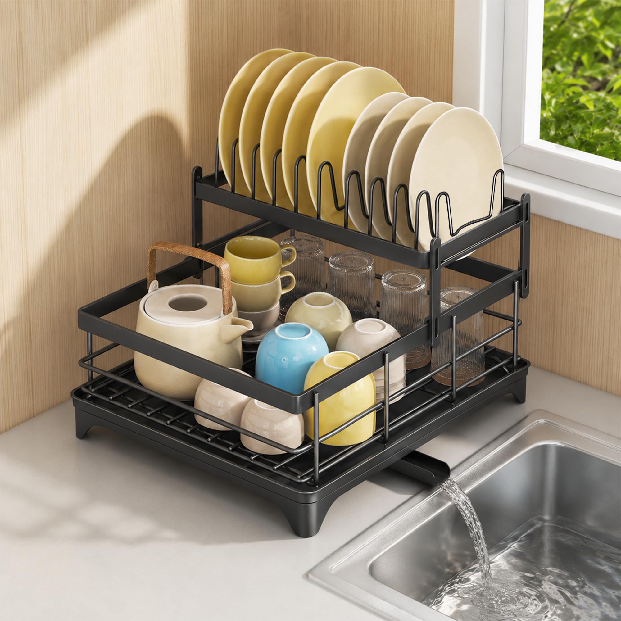 Black Stainless Steel Dish Drainer with Utensil Holder | Built-in Drain, Kitchen Use, Matt Black Design, Utensils Storage, Stainless Steel