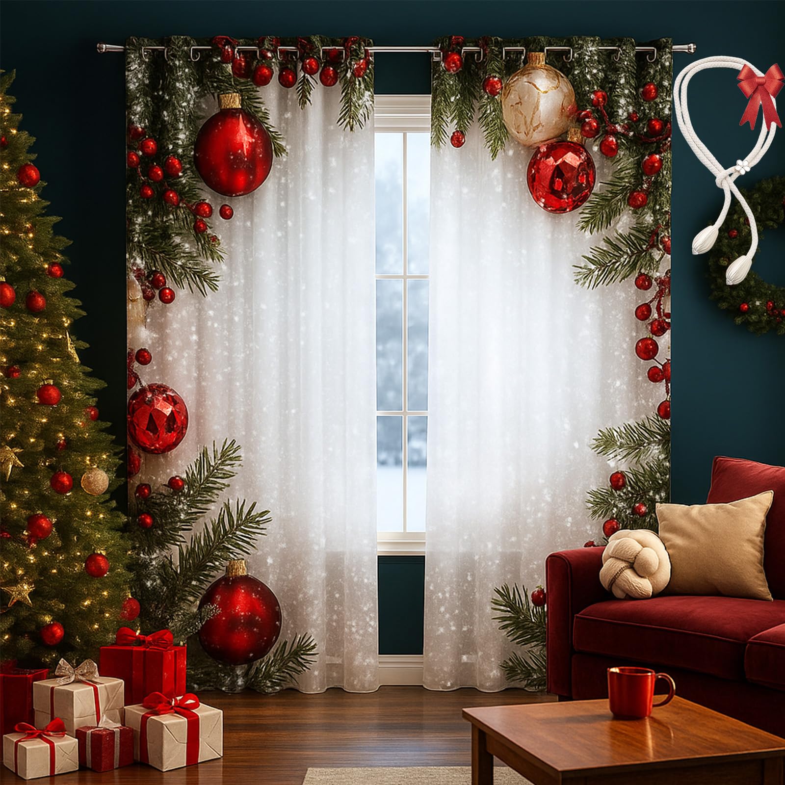 Vgpbphj Christmas Ball Holiday Printed Curtains, 2 Pieces 2D Flat Printed Red Luxury Xmas Print Curtains with Snowflakes and Pine Branches for Living Room Bedroom Decor (75 * 165cm（29 * 65in）)