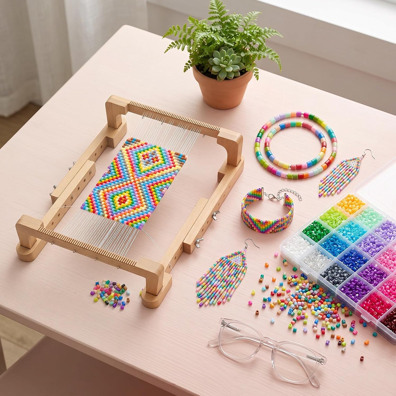 Whimsibelle 24000 Pcs Wide Bead Loom Kit, 48 Colors Seed Beads Wooden Loom