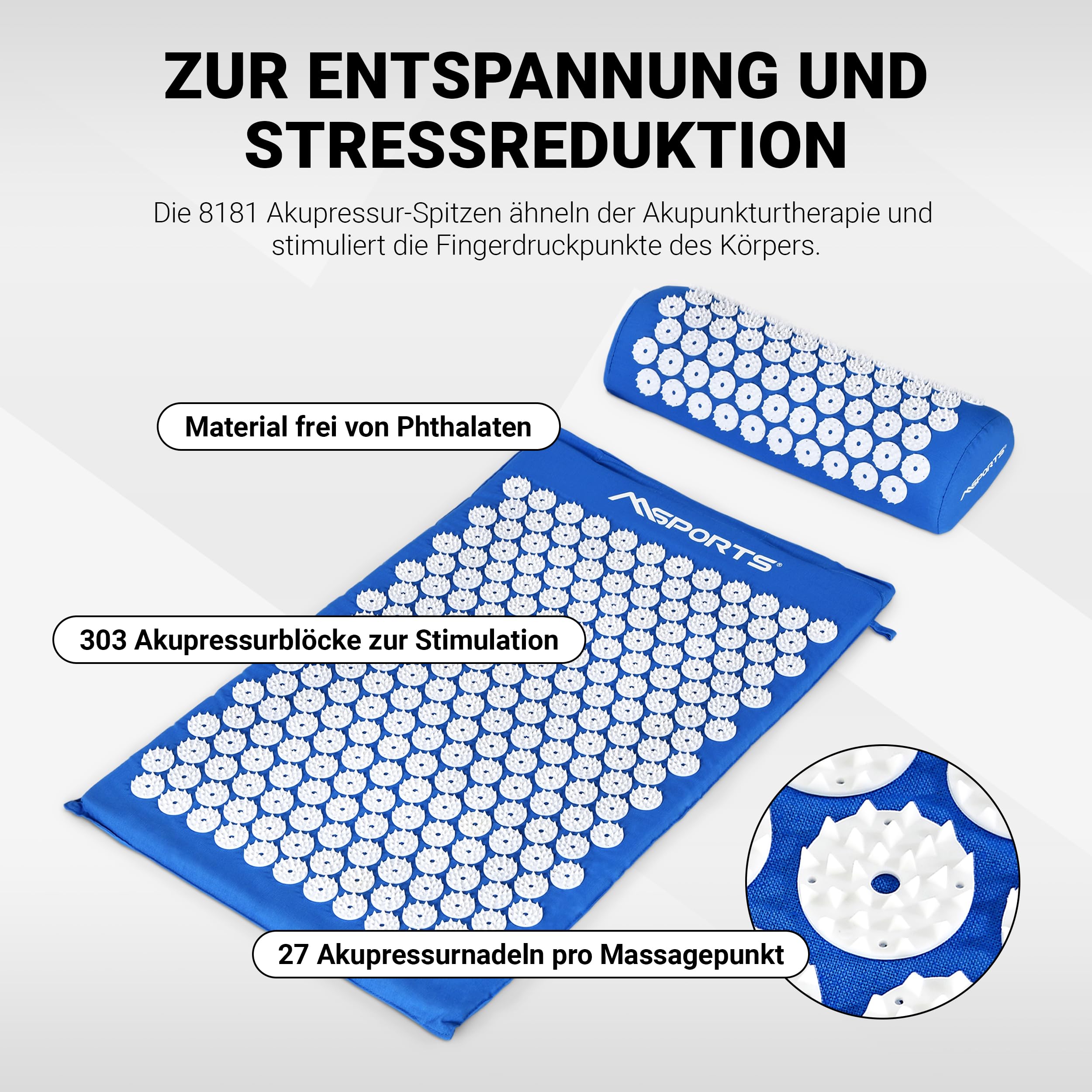 Colchoneta de acupresión Premium, juego de acupresión - incluye Colchoneta, almohada, bolsa y aplicación, funda hecha de 100% algodón, alivia la tensión - Colchoneta de masaje (azul real), acupresión