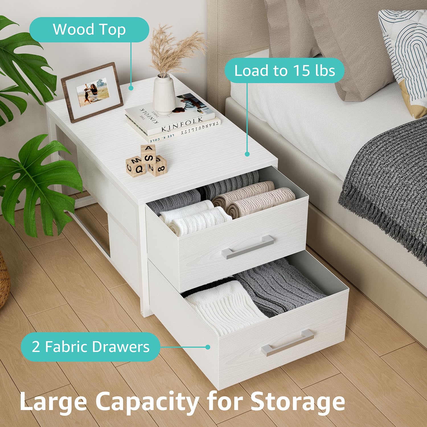BOLUO Stapelbare Schubladen, schmaler Schrank-Organizer und Aufbewahrung, Stoff, weiß, 2 Schubladen, Kommode für Schlafzimmer, modern