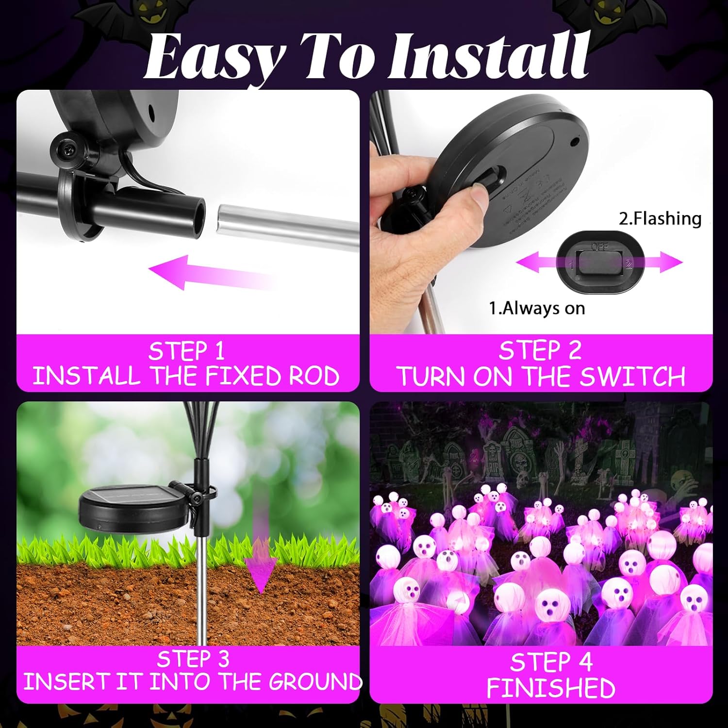 Halloween Decorations Outdoor, Solar Scary Ghosts Lights, 4 Packs 24 LED Swaying Firefly Light & Ghost Decor, Waterproof Halloween Path Lights for Garden, Lawn, Patio, Yard, Party Decor, Purple